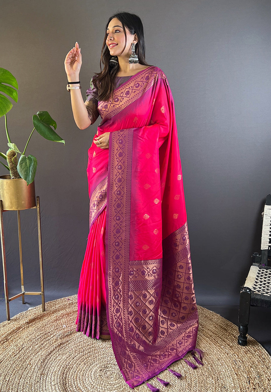 Pink Soft Silk Zari Woven Festival Wear Saree