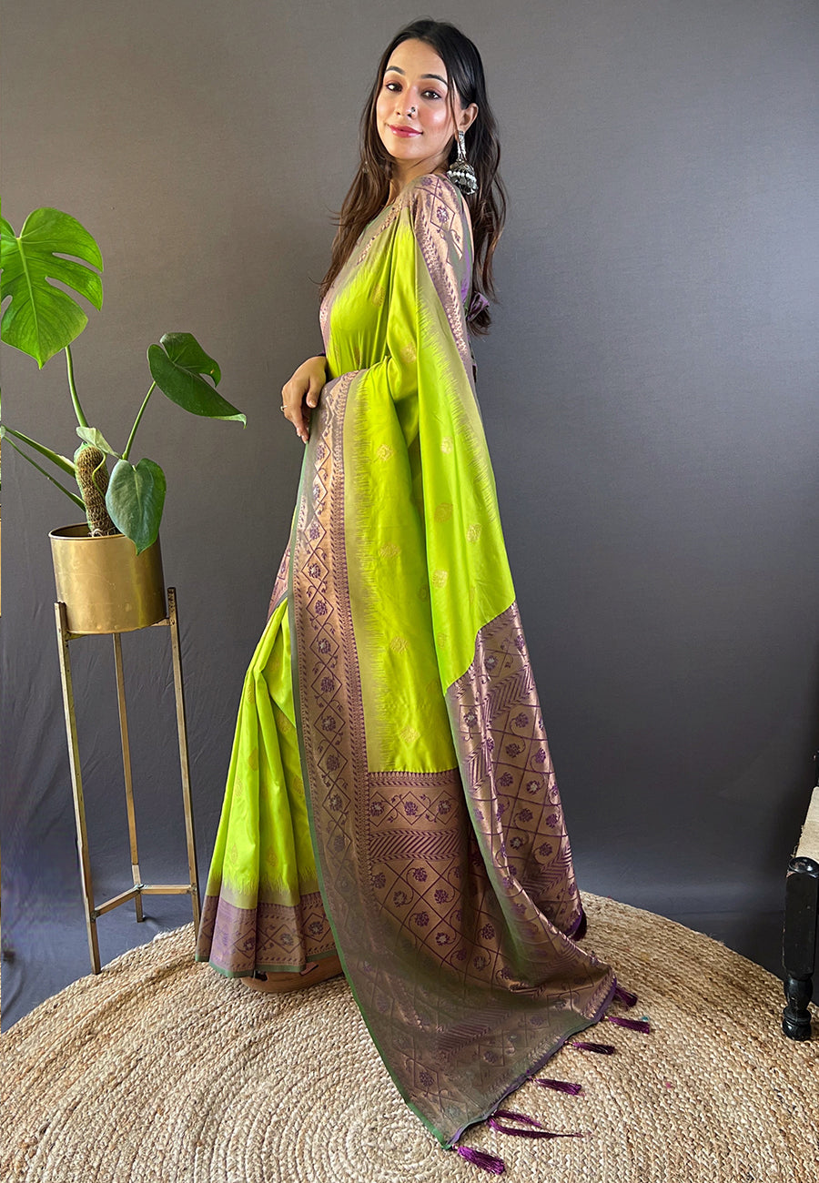 Pista Soft Silk Zari Woven Festival Wear Saree