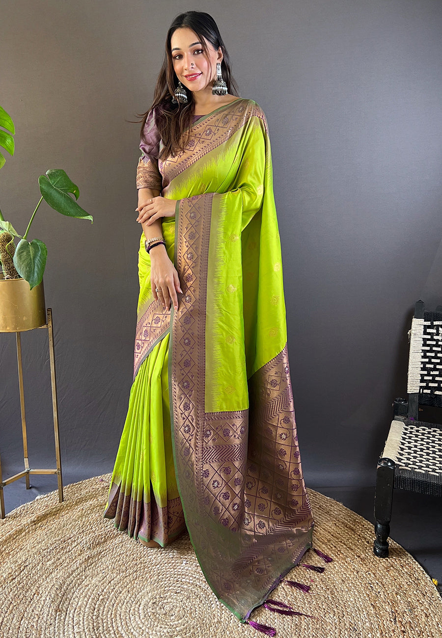 Pista Soft Silk Zari Woven Festival Wear Saree