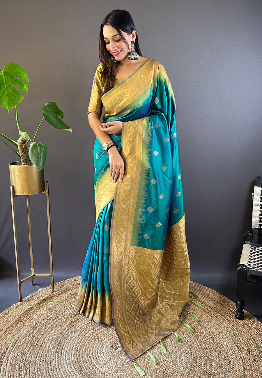 Rama Soft Silk Zari Woven Festival Wear Saree