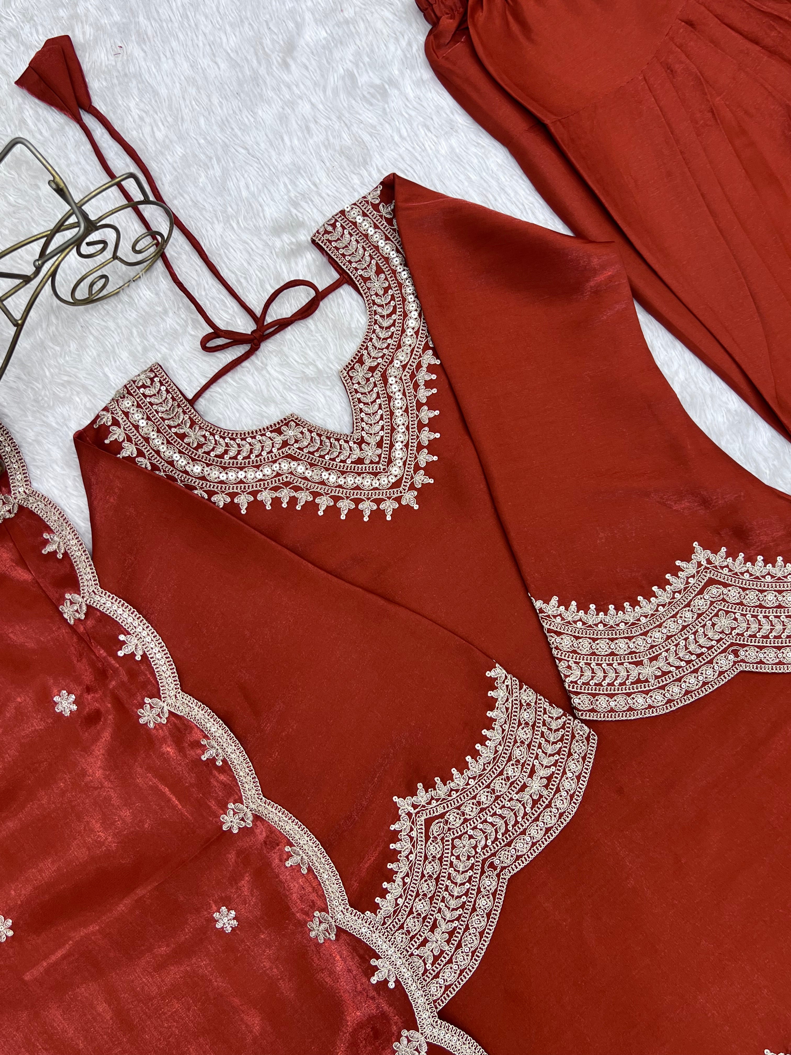 Burnt Orange Glass Roman Silk Embroidered Kurta Set with Farshi Shalwar & Shawl Dupatta | Ready to Wear