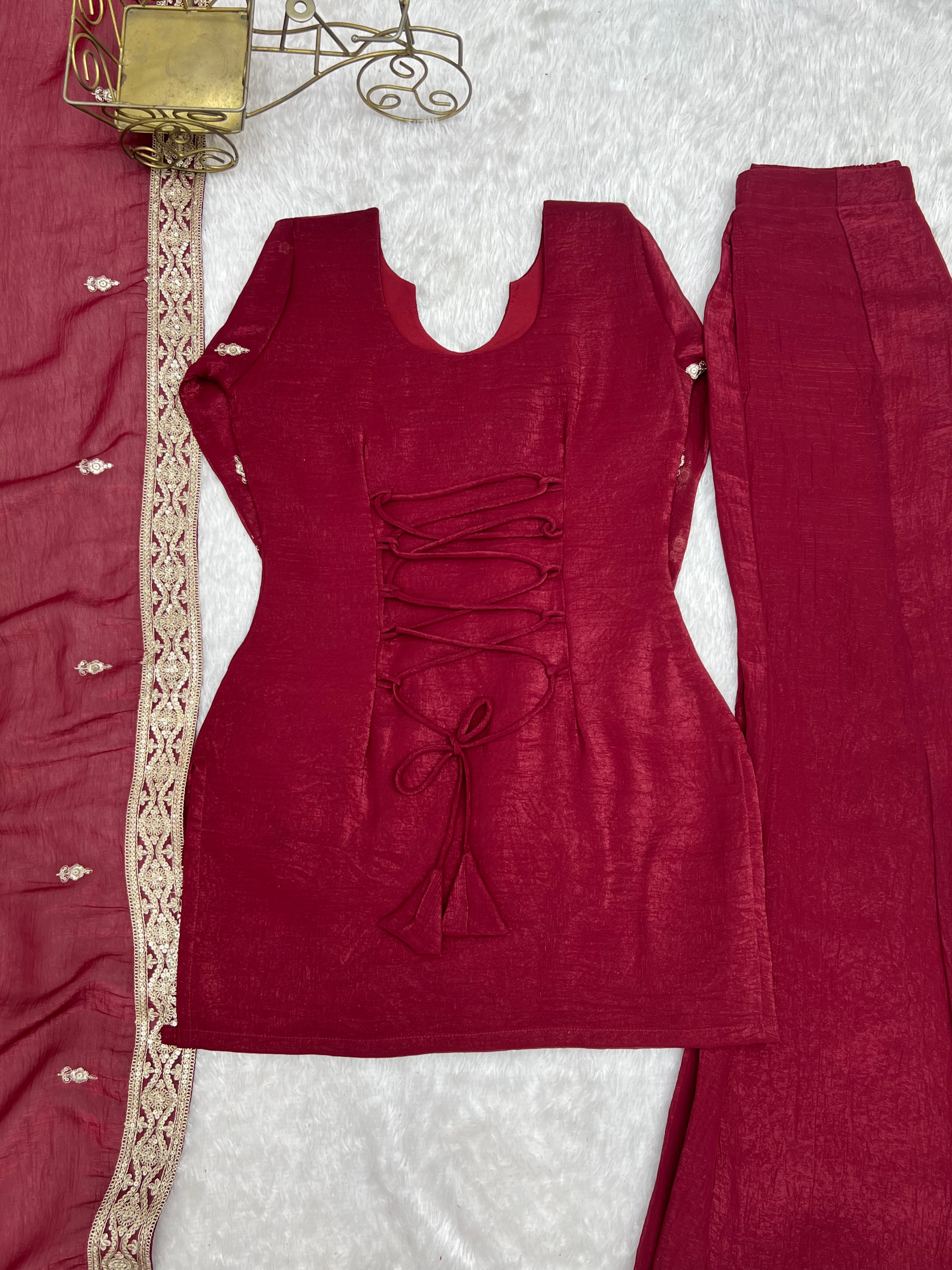 Wine Crunchy Silk Embroidered Kurta Palazzo Set with Dupatta | Designer Festive Wear