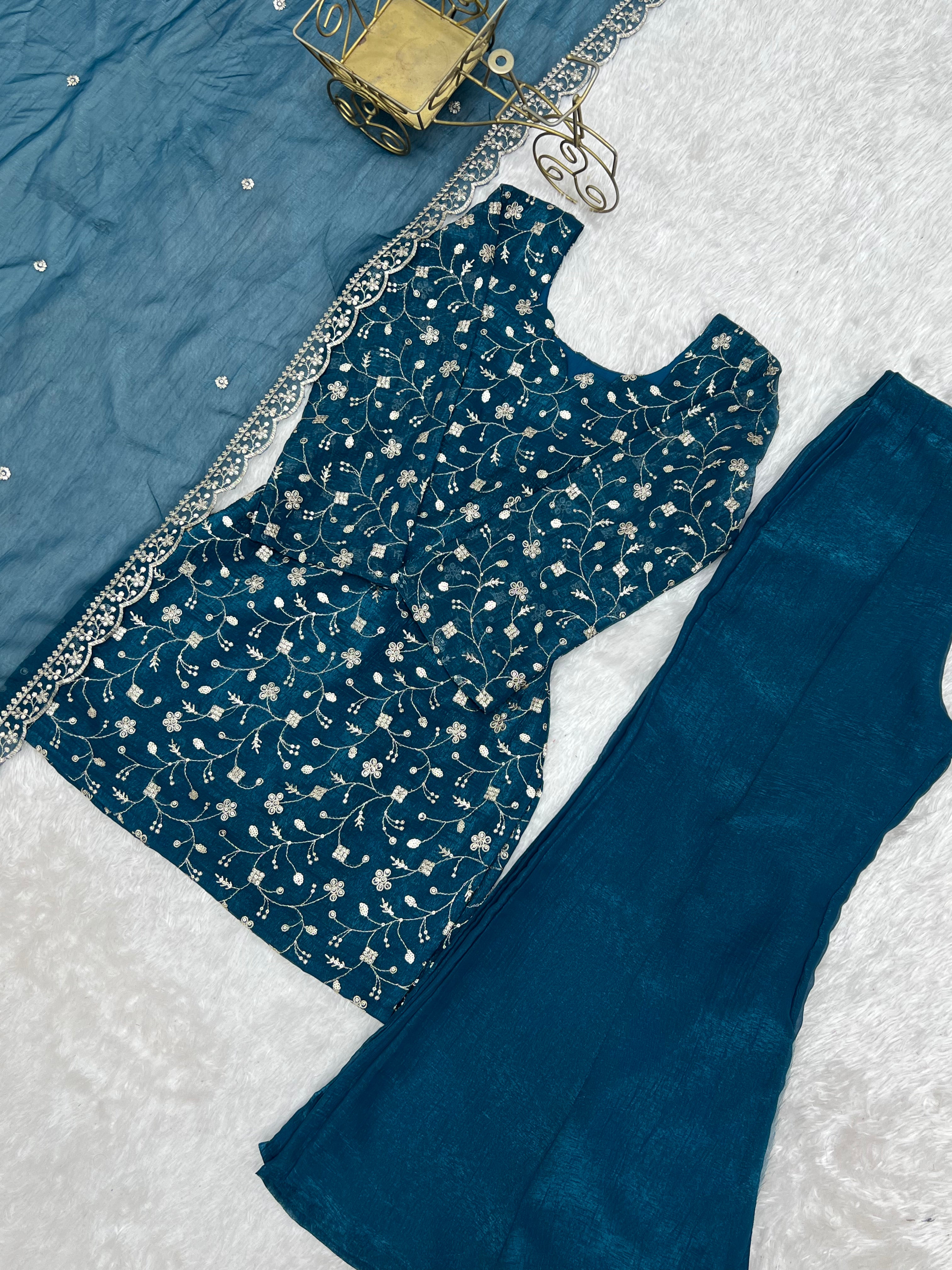 Tealblue Embroidered Kurta Set with Bell Bottom Pant & Dupatta