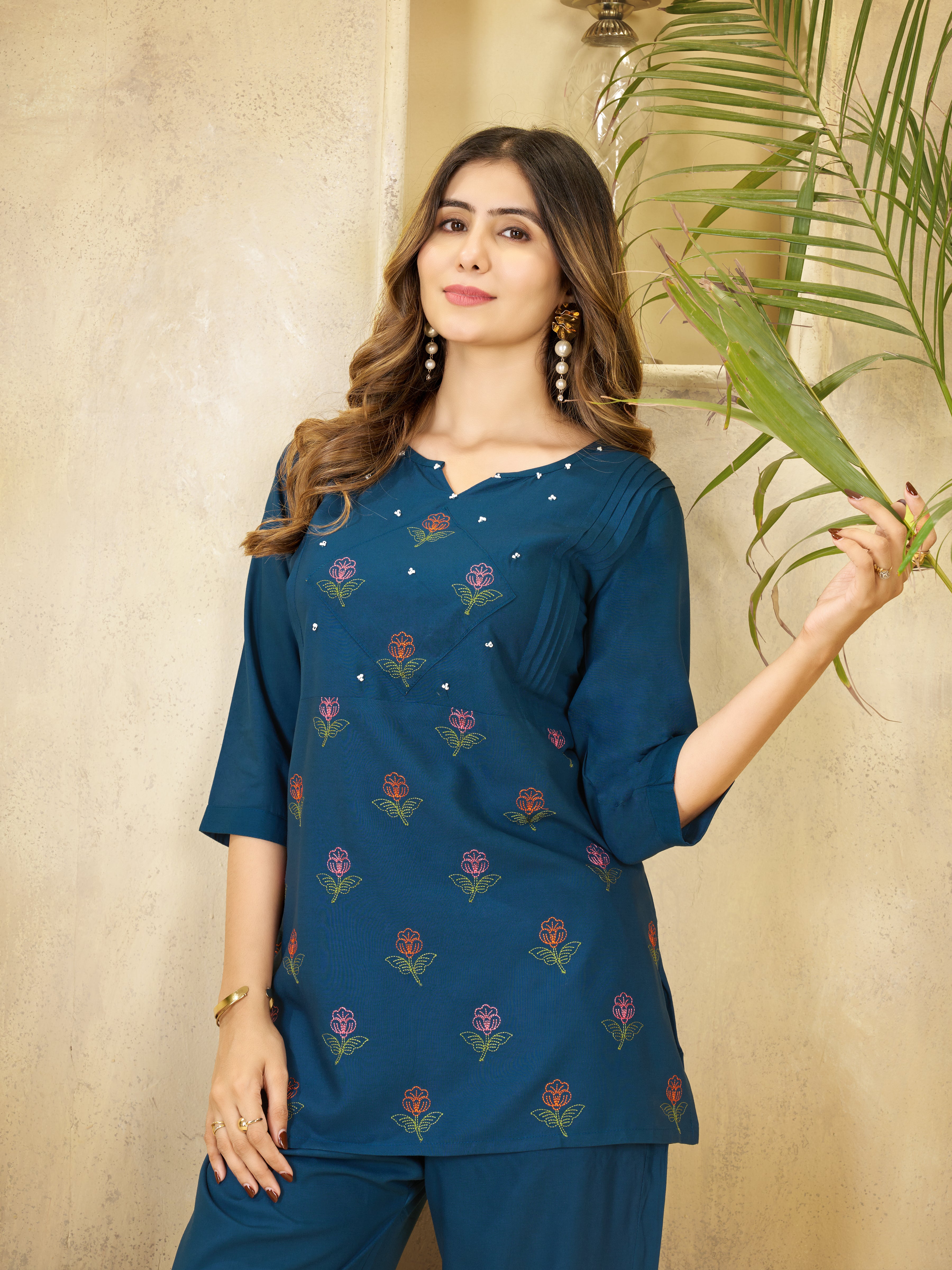Teal Blue Heavy Rayon Floral Embroidered Co-Ord Set