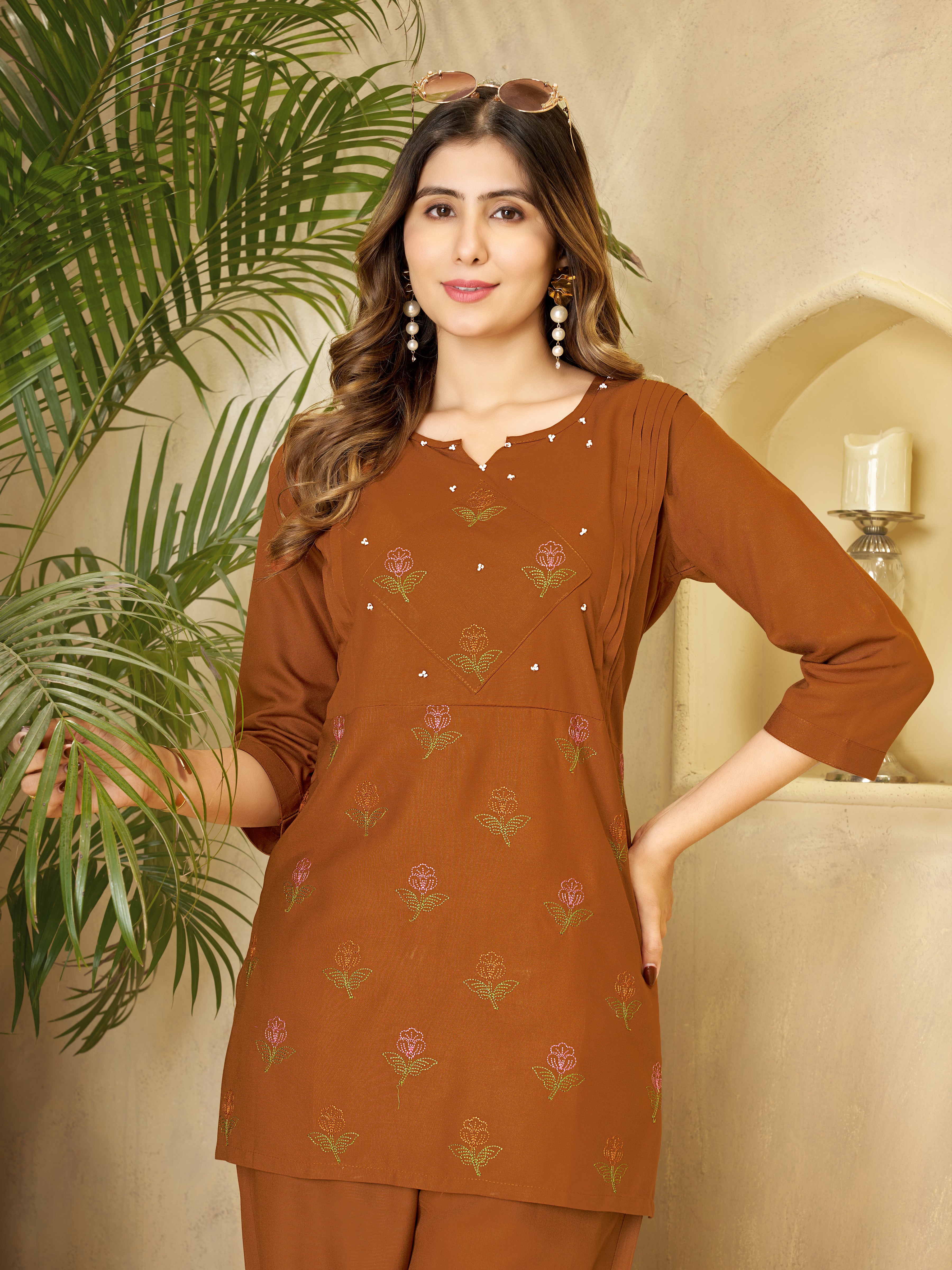 Rust Brown Heavy Rayon Floral Embroidered Co-Ord Set