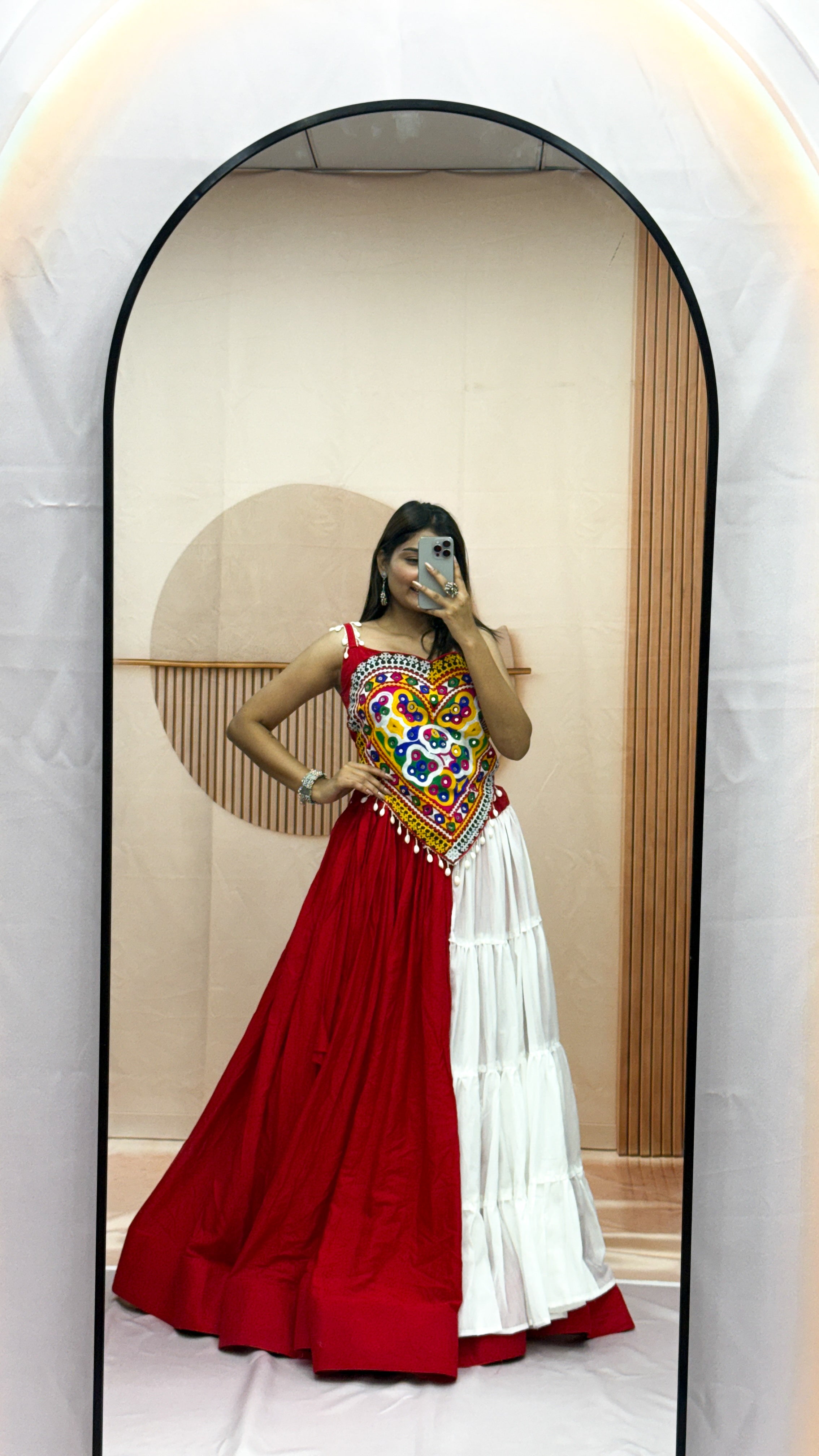 Red & White Gamthi Mirror Work Cotton Lehenga Choli Set for Navratri