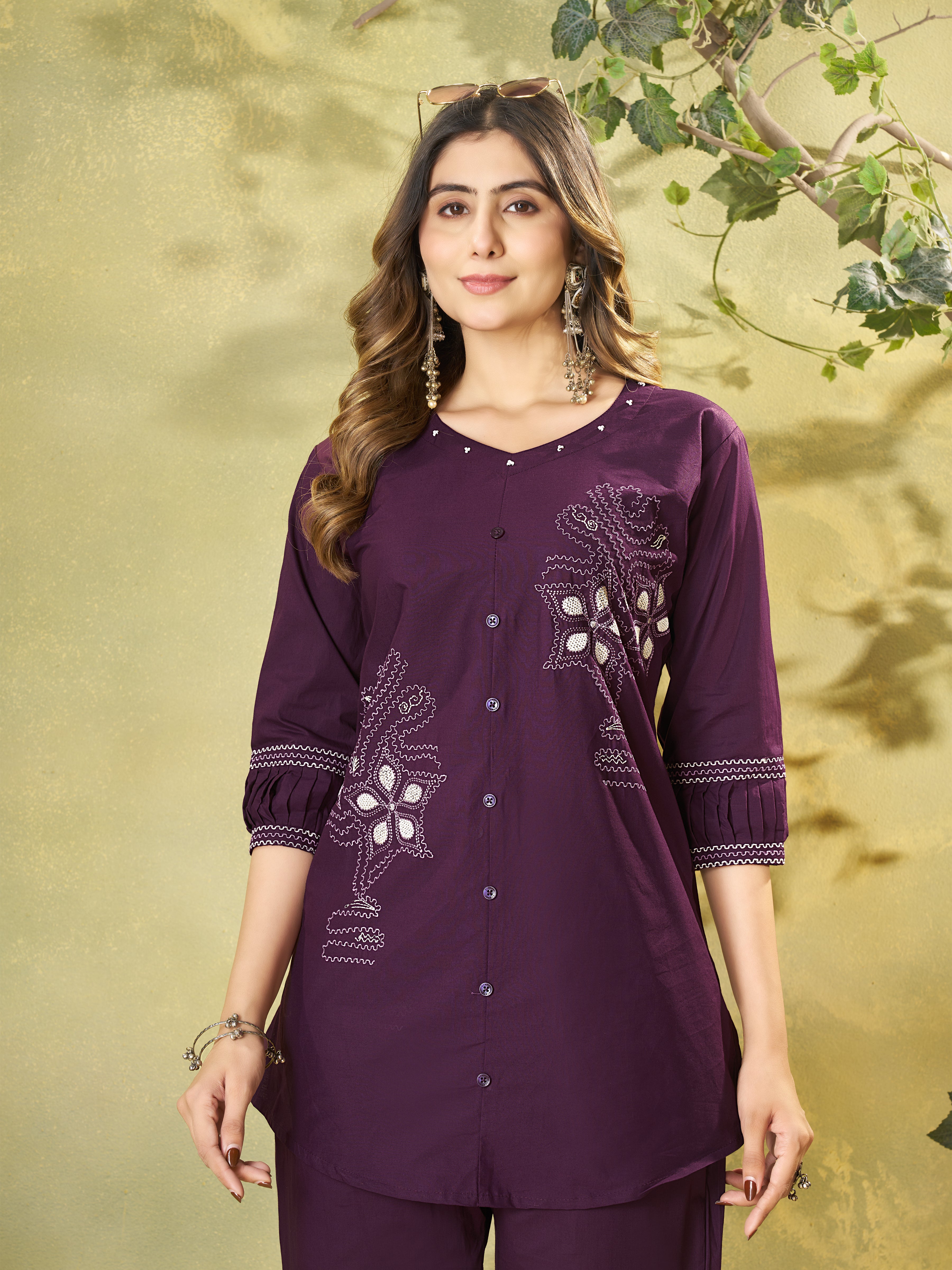 Plum Purple Pure Cotton Embroidered Co-Ord Set