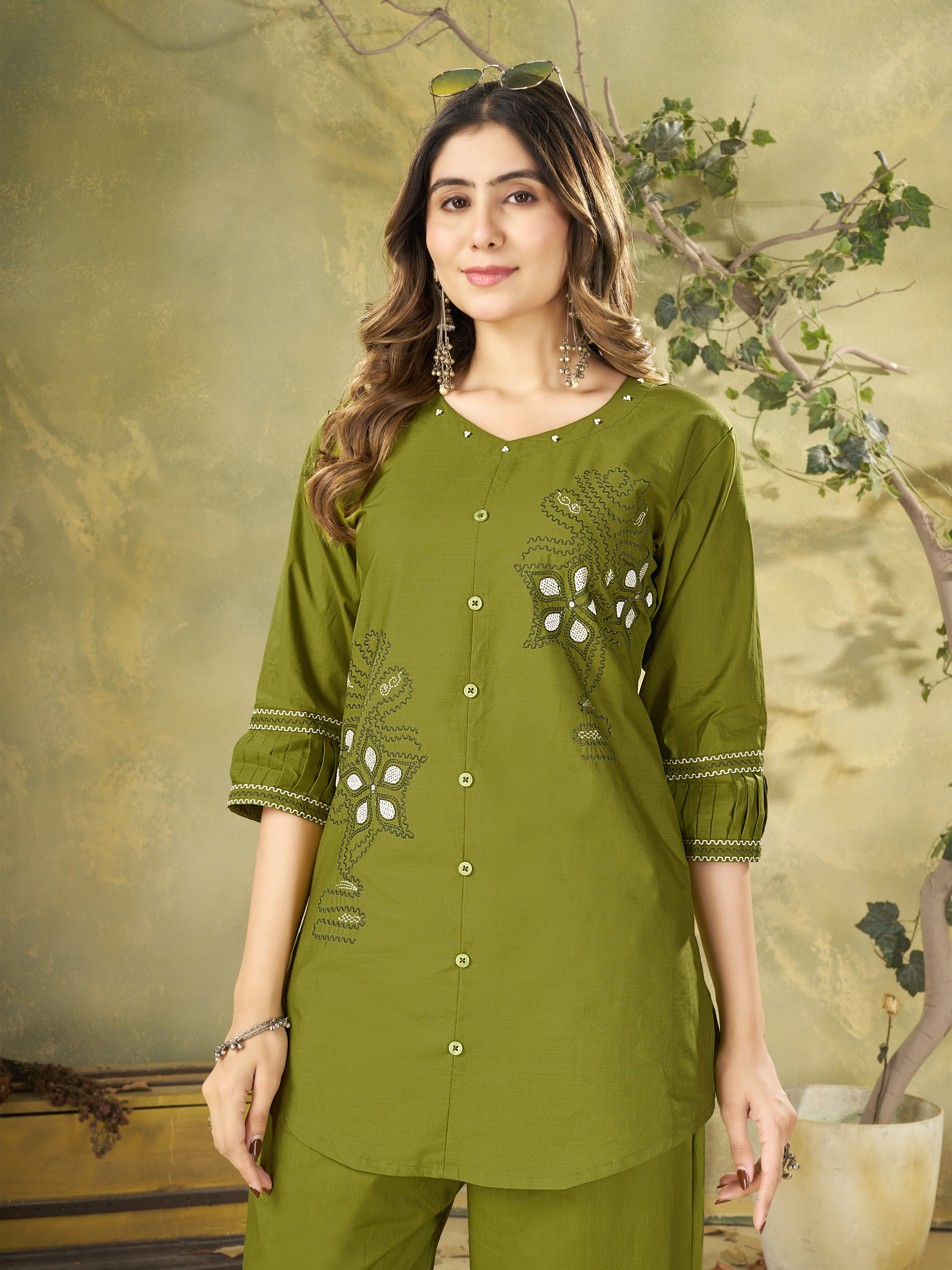 Olive Green Pure Cotton Embroidered Co-Ord Set with Straight Pant