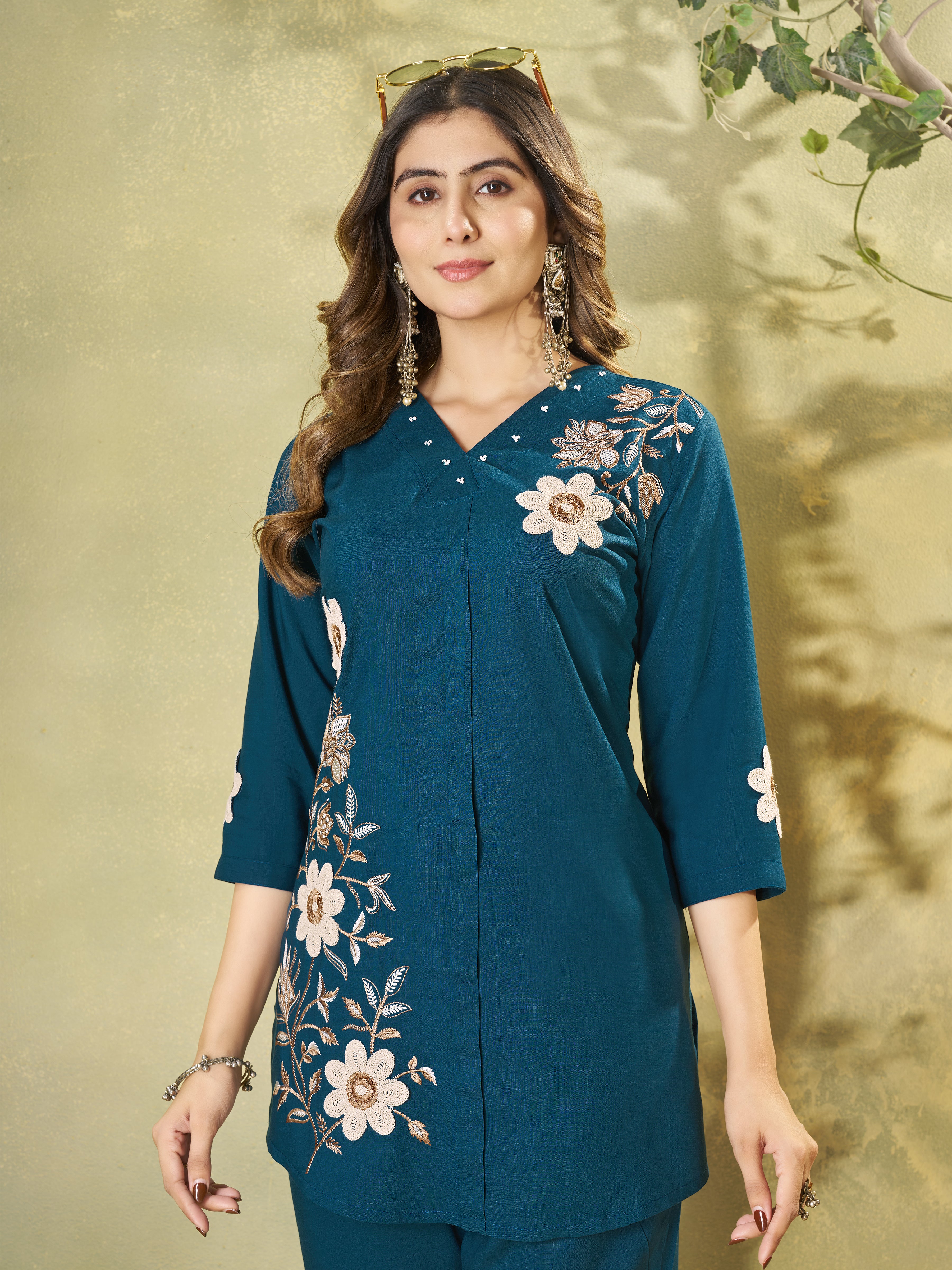 Dark Teal Floral Embroidered Rayon Co-Ord Set for Women