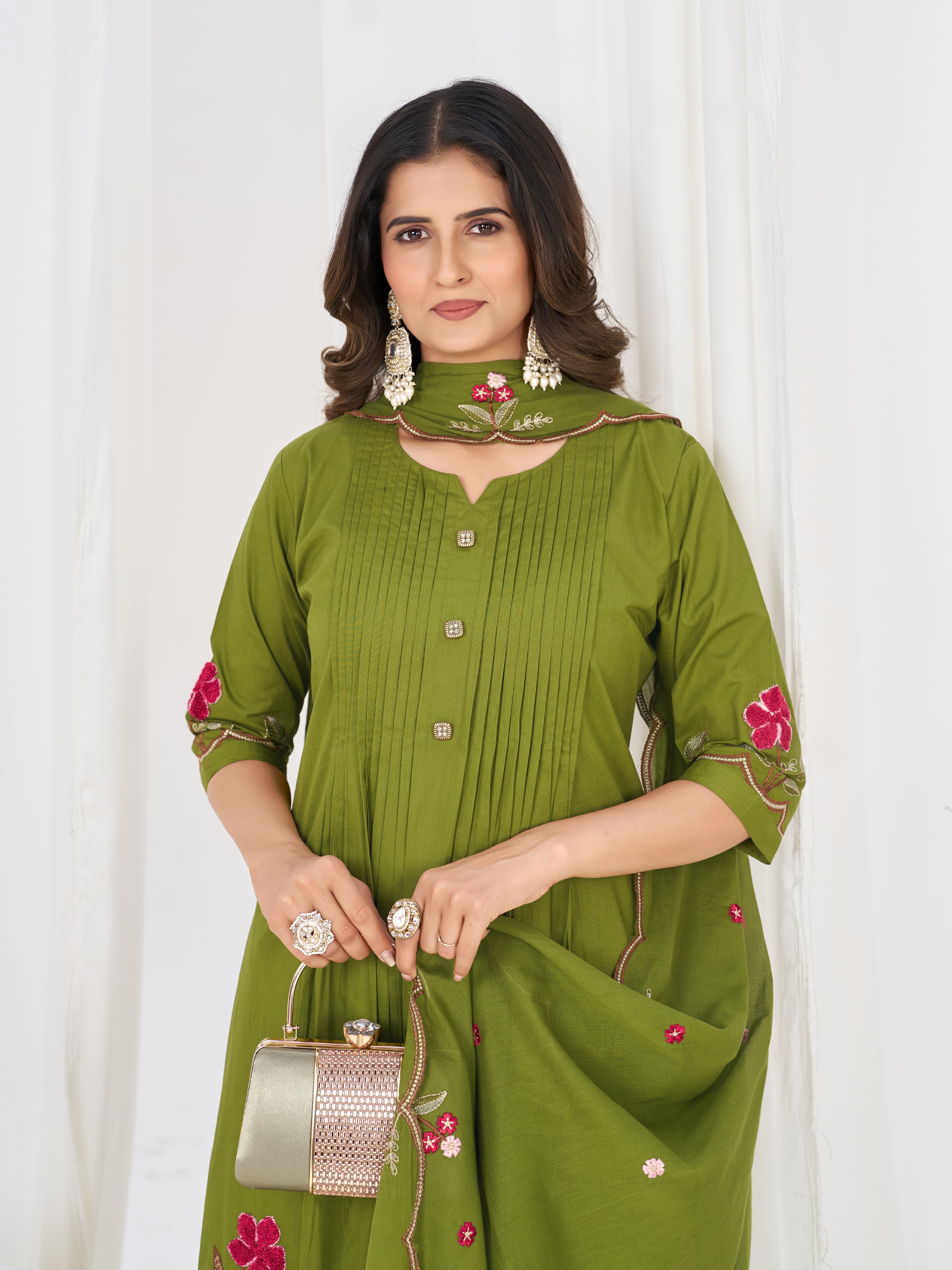 Olive Green Pure Cotton Embroidered Anarkali Kurti Set with Dupatta & Culottes Pant