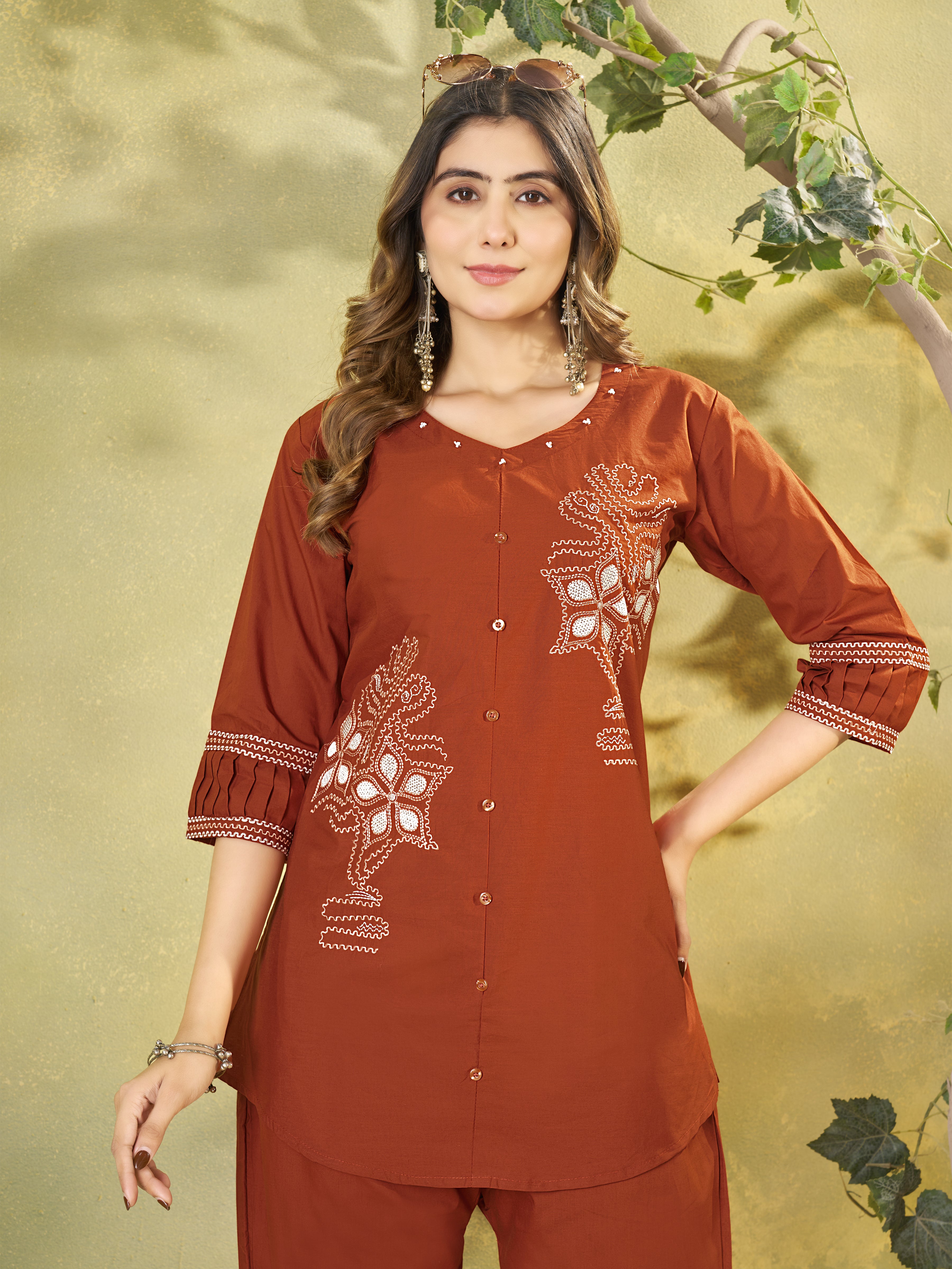 Rust Orange Pure Cotton Embroidered Co-Ord Set with Straight Pant