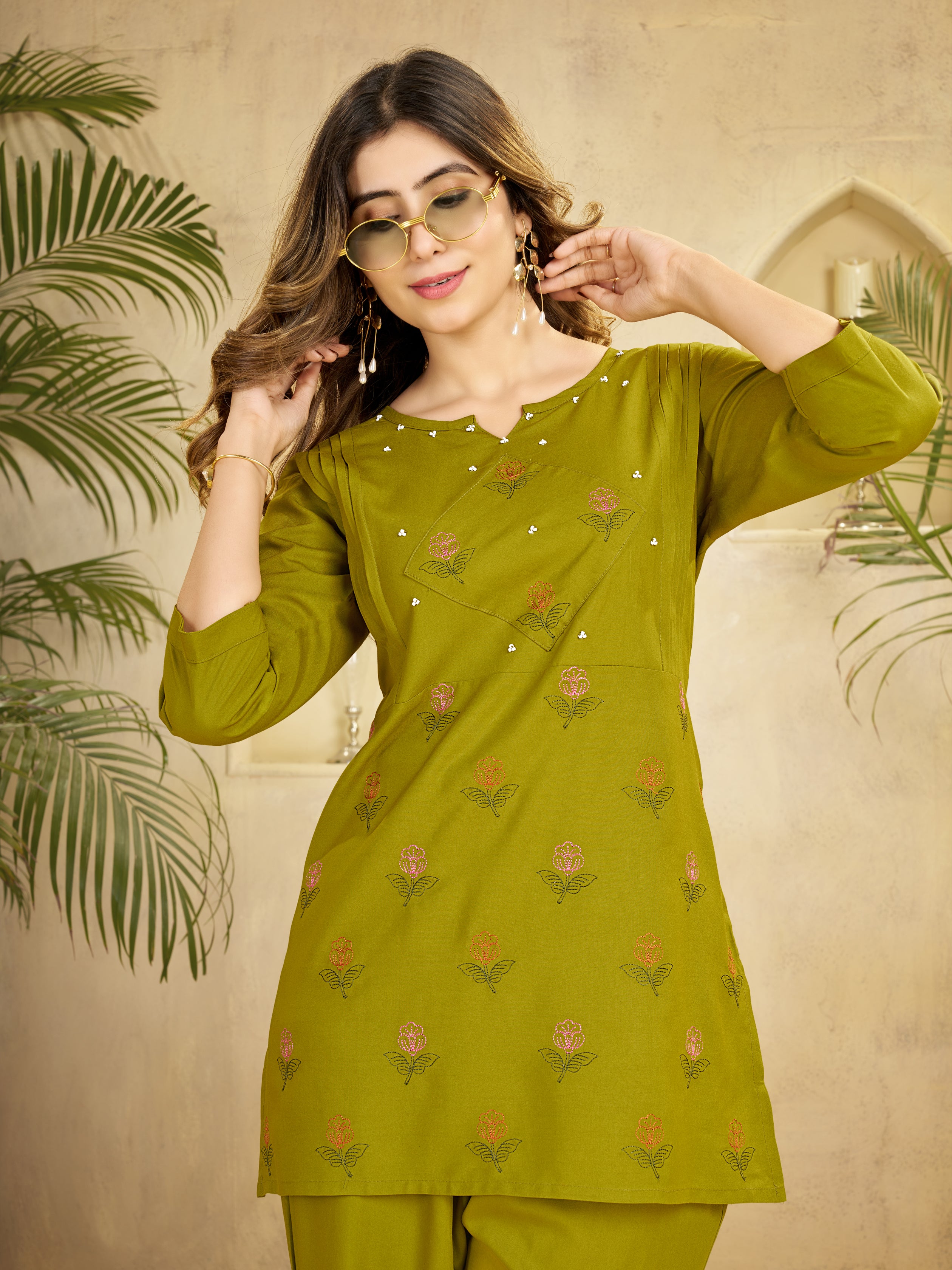 Olive Green Heavy Rayon Embroidered Co-Ord Set for Women
