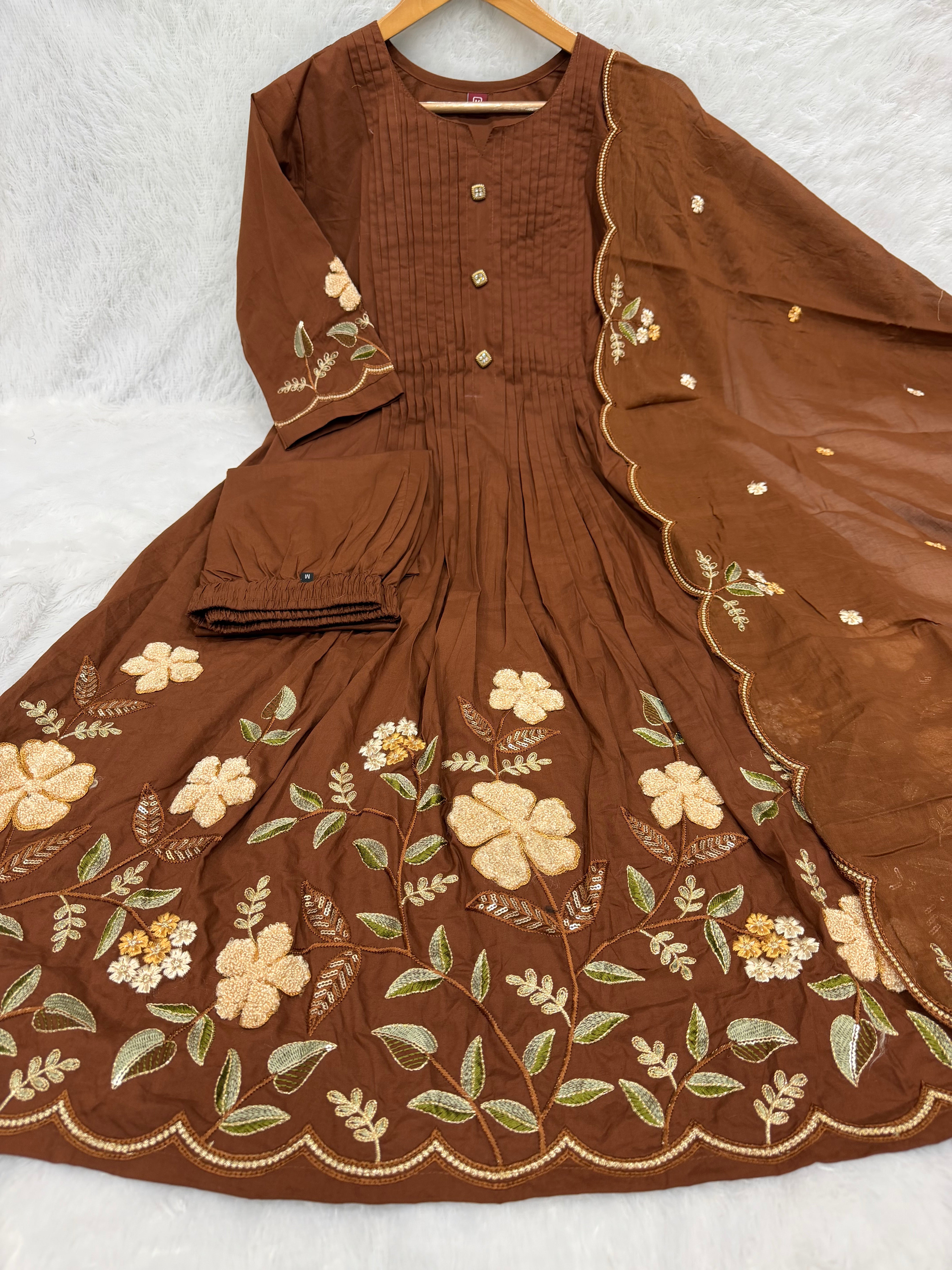 Brown Pure Cotton Embroidered Anarkali Kurti Set with Dupatta & Culottes