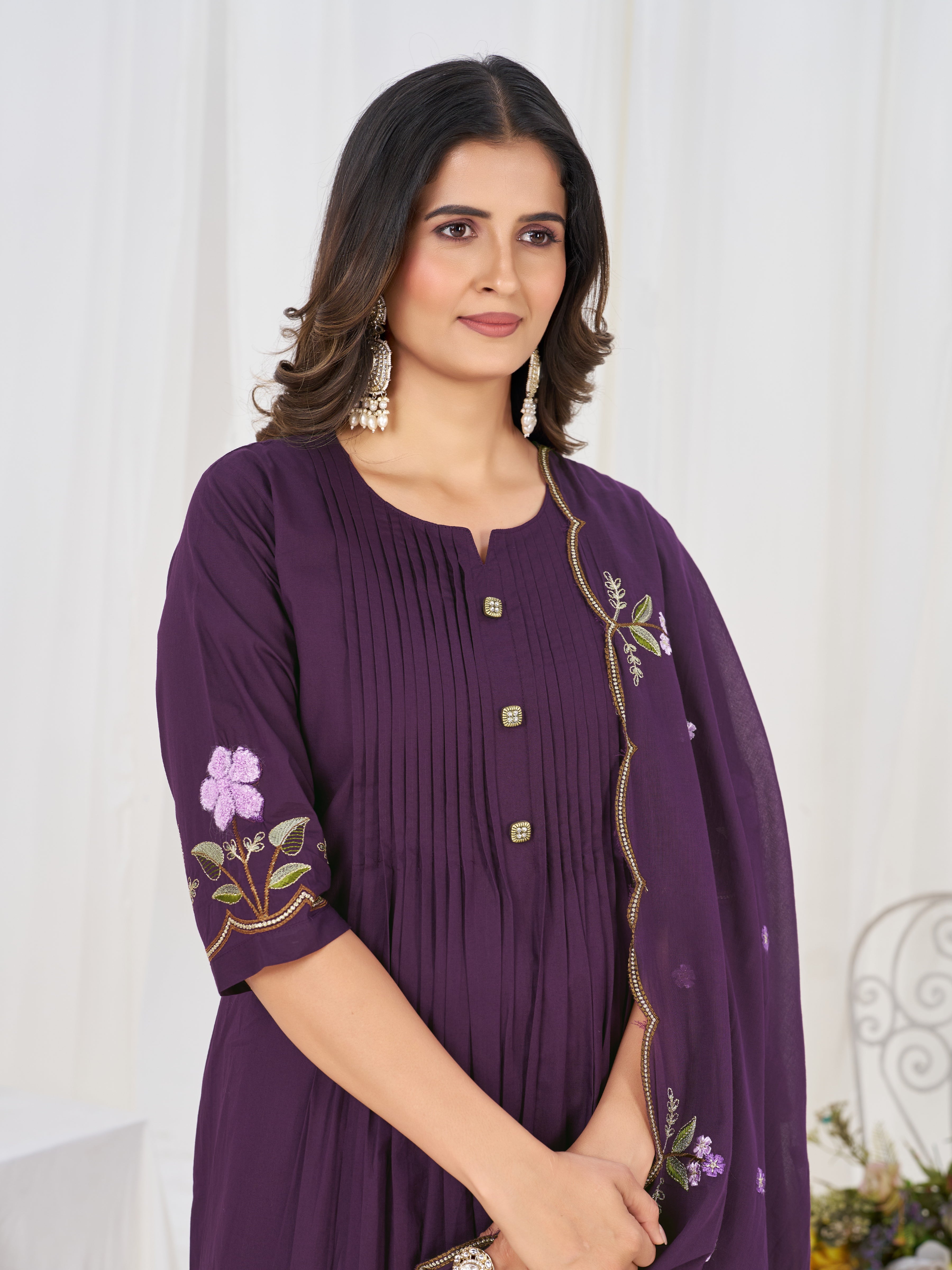 Purple Embroidered Pure Cotton Anarkali Kurti Pant & Dupatta Set