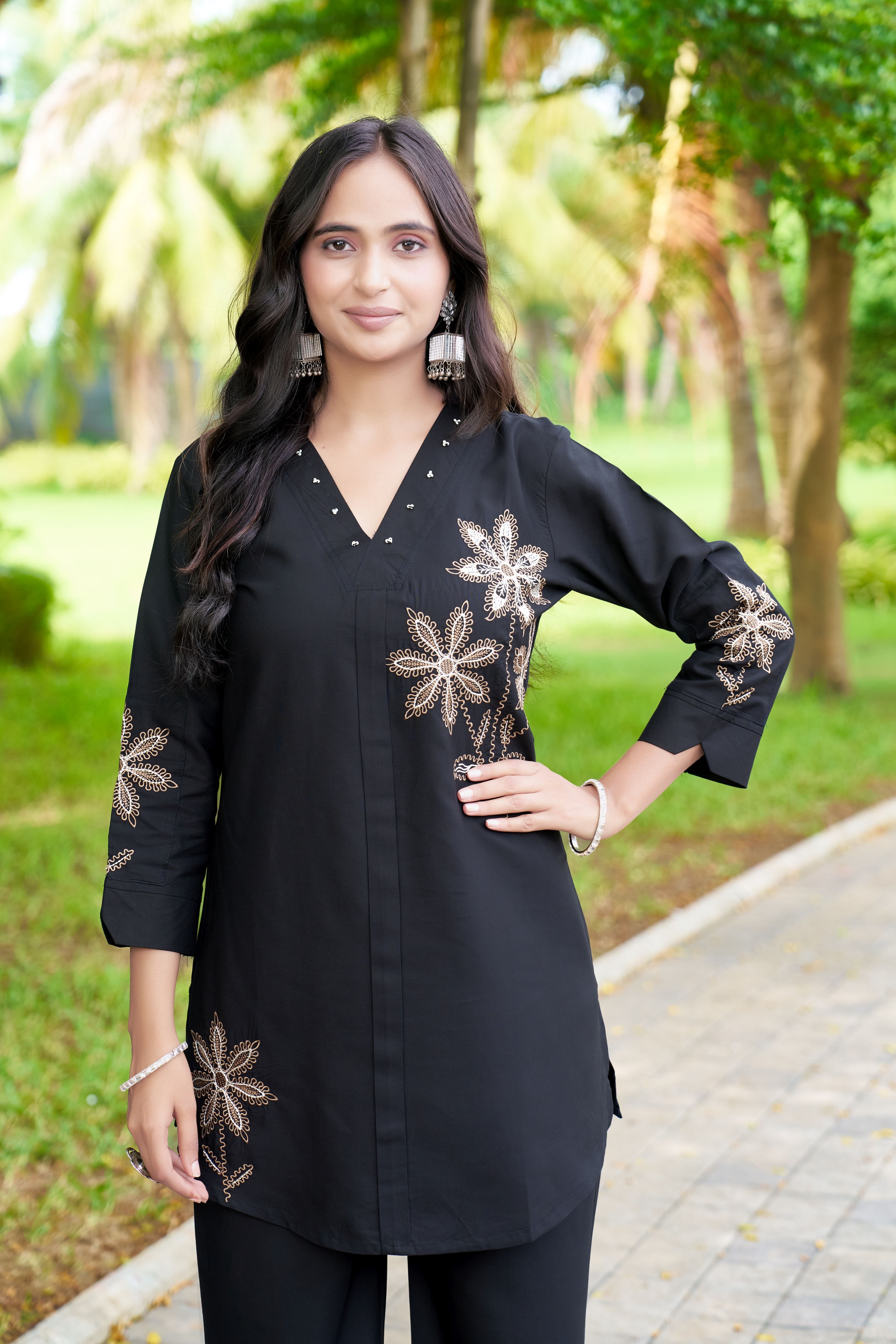 Black Embroidered Heavy Rayon Co-Ord Set for Women