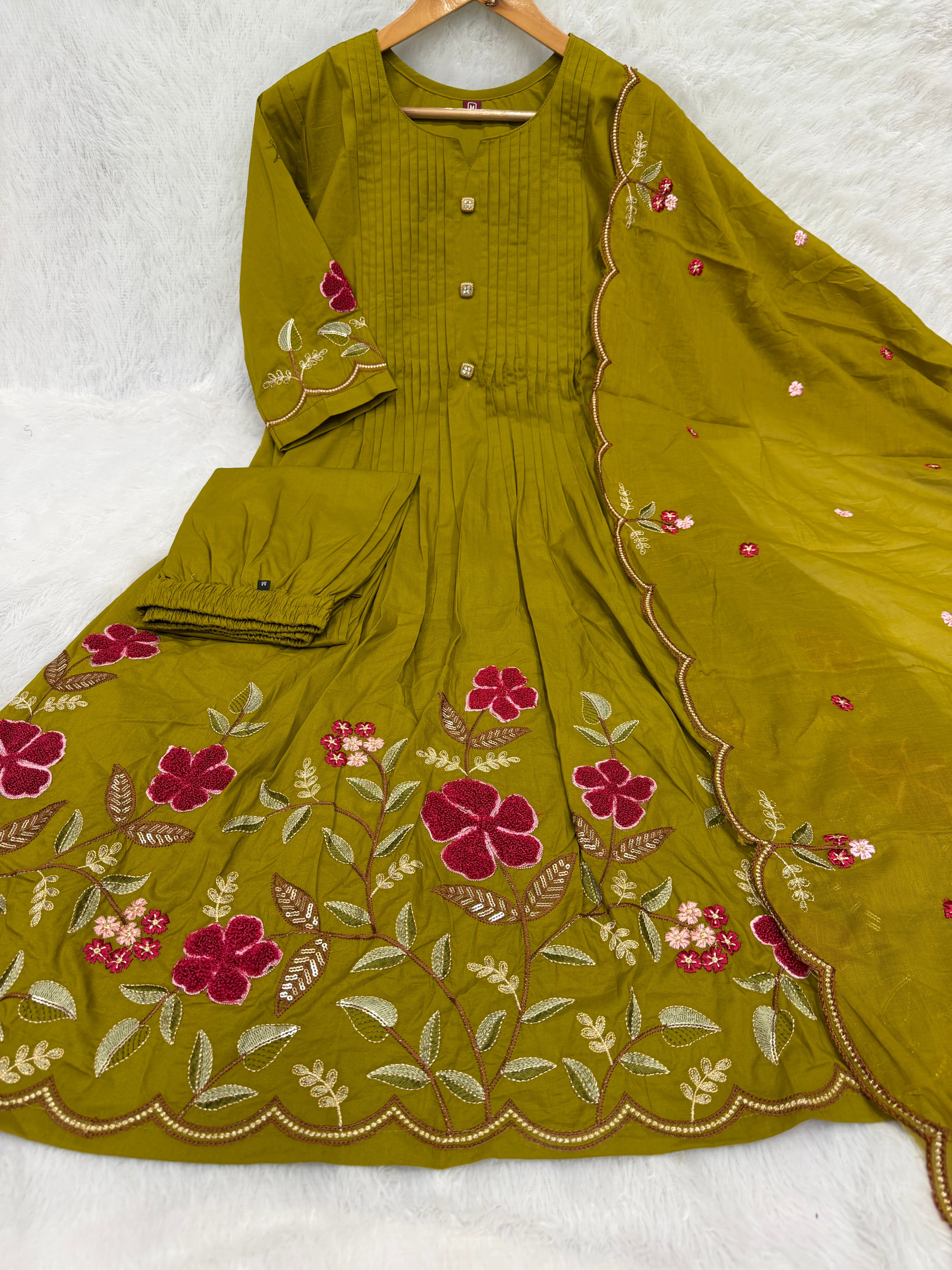 Mehendi Green Pure Cotton Embroidered Anarkali Kurti Set with Dupatta & Palazzo Pant
