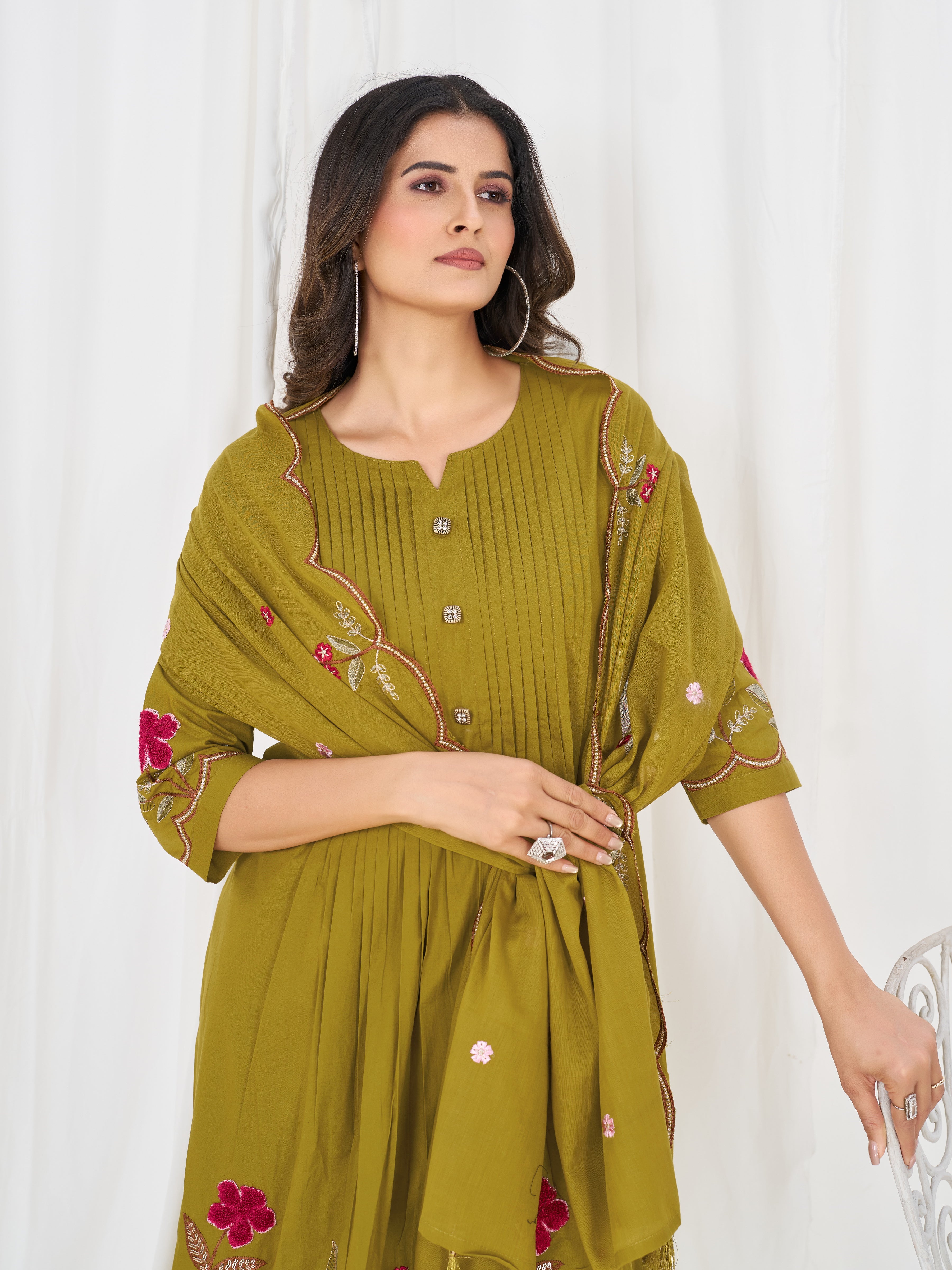 Mehendi Green Pure Cotton Embroidered Anarkali Kurti Set with Dupatta & Palazzo Pant