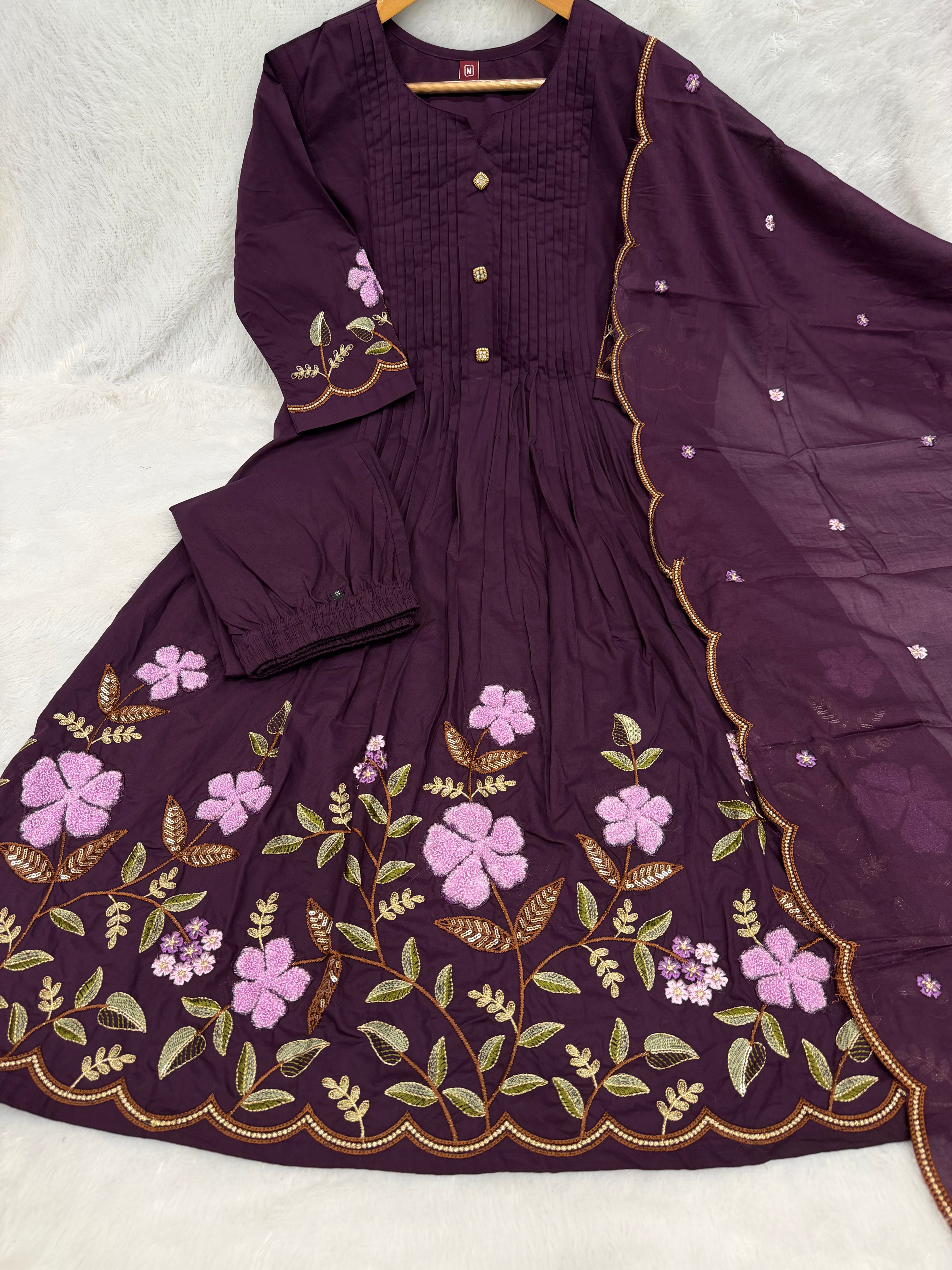 Purple Embroidered Pure Cotton Anarkali Kurti Pant & Dupatta Set