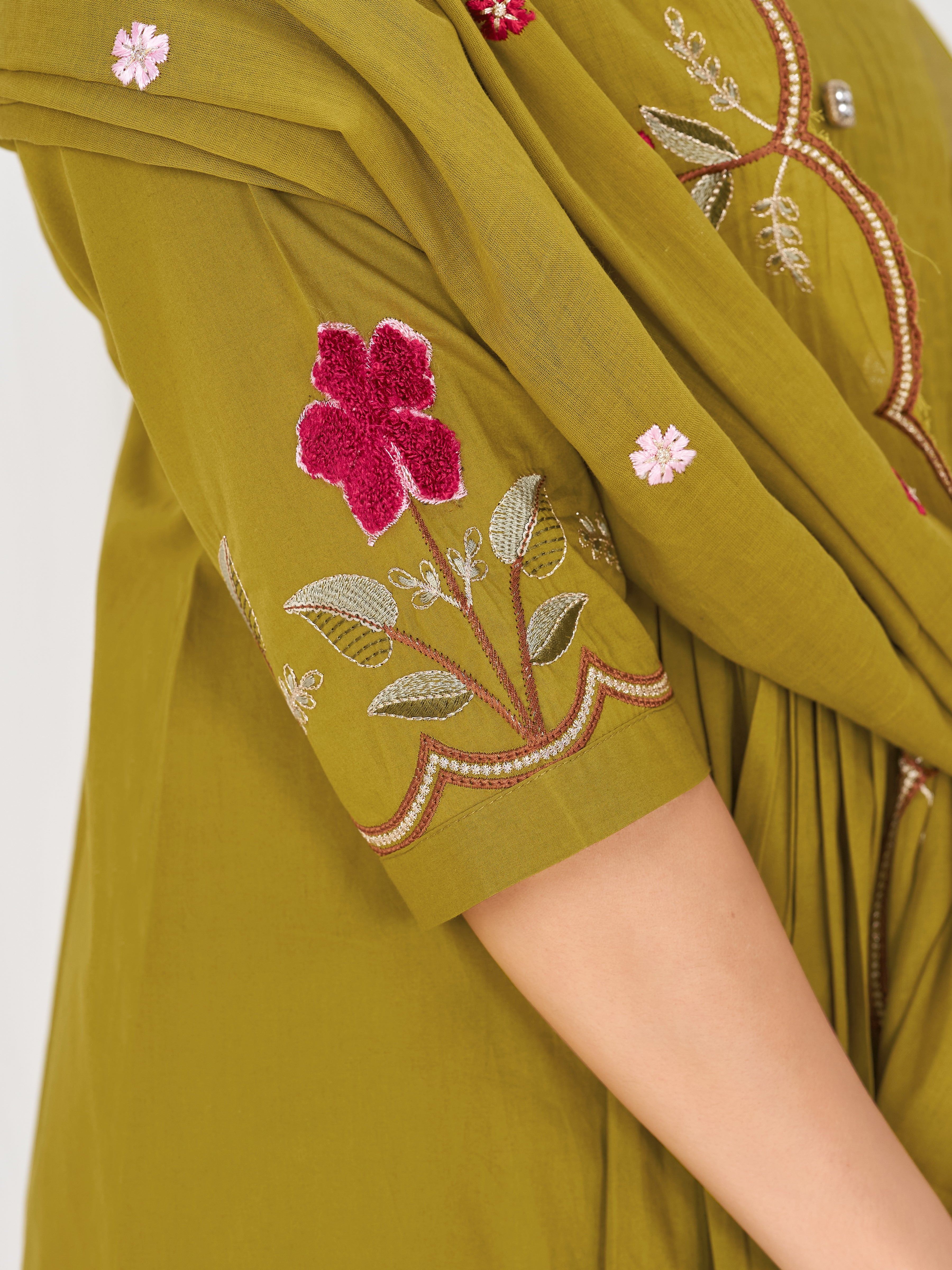 Mehendi Green Pure Cotton Embroidered Anarkali Kurti Set with Dupatta & Palazzo Pant