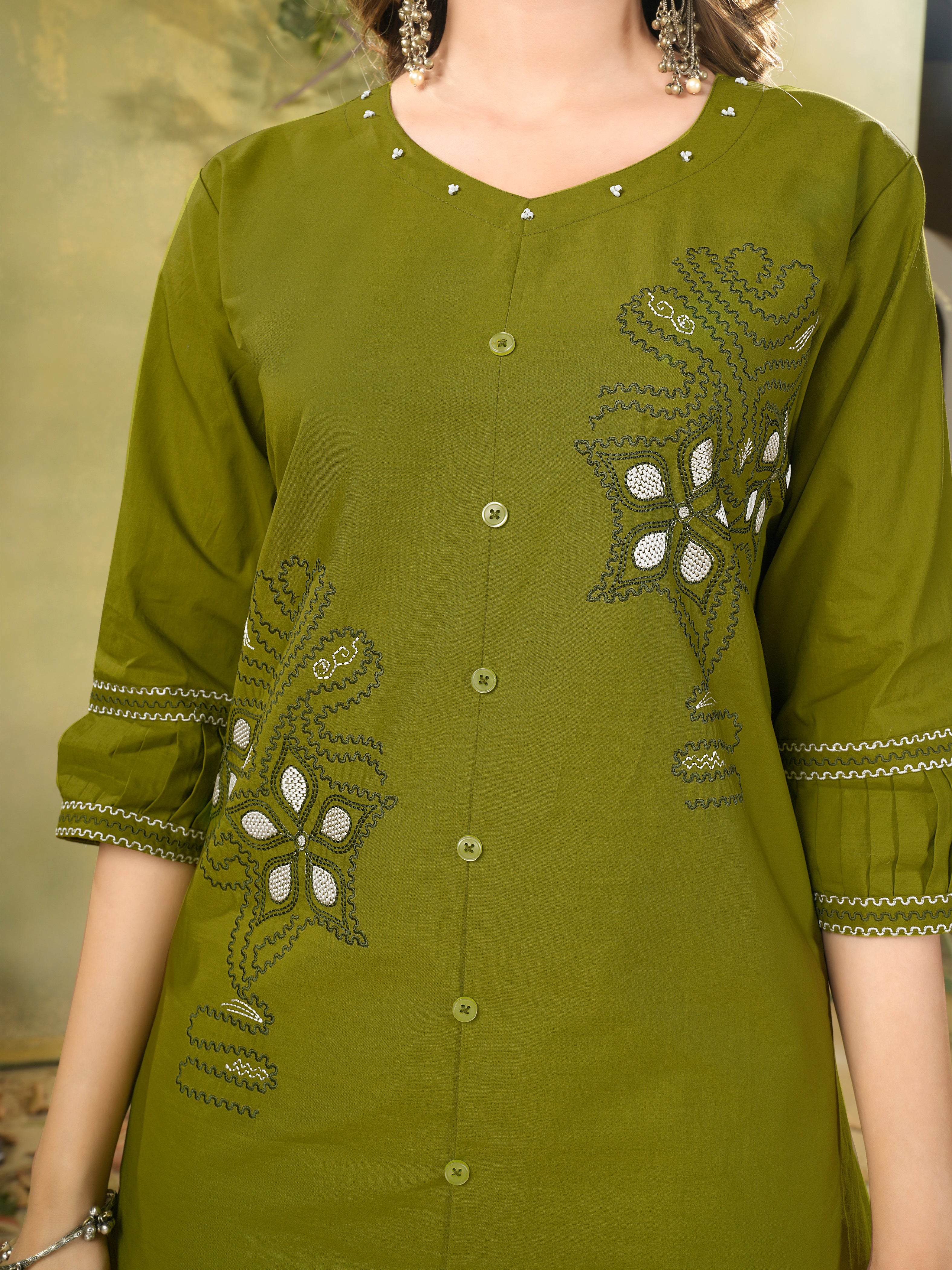Olive Green Pure Cotton Embroidered Co-Ord Set with Straight Pant