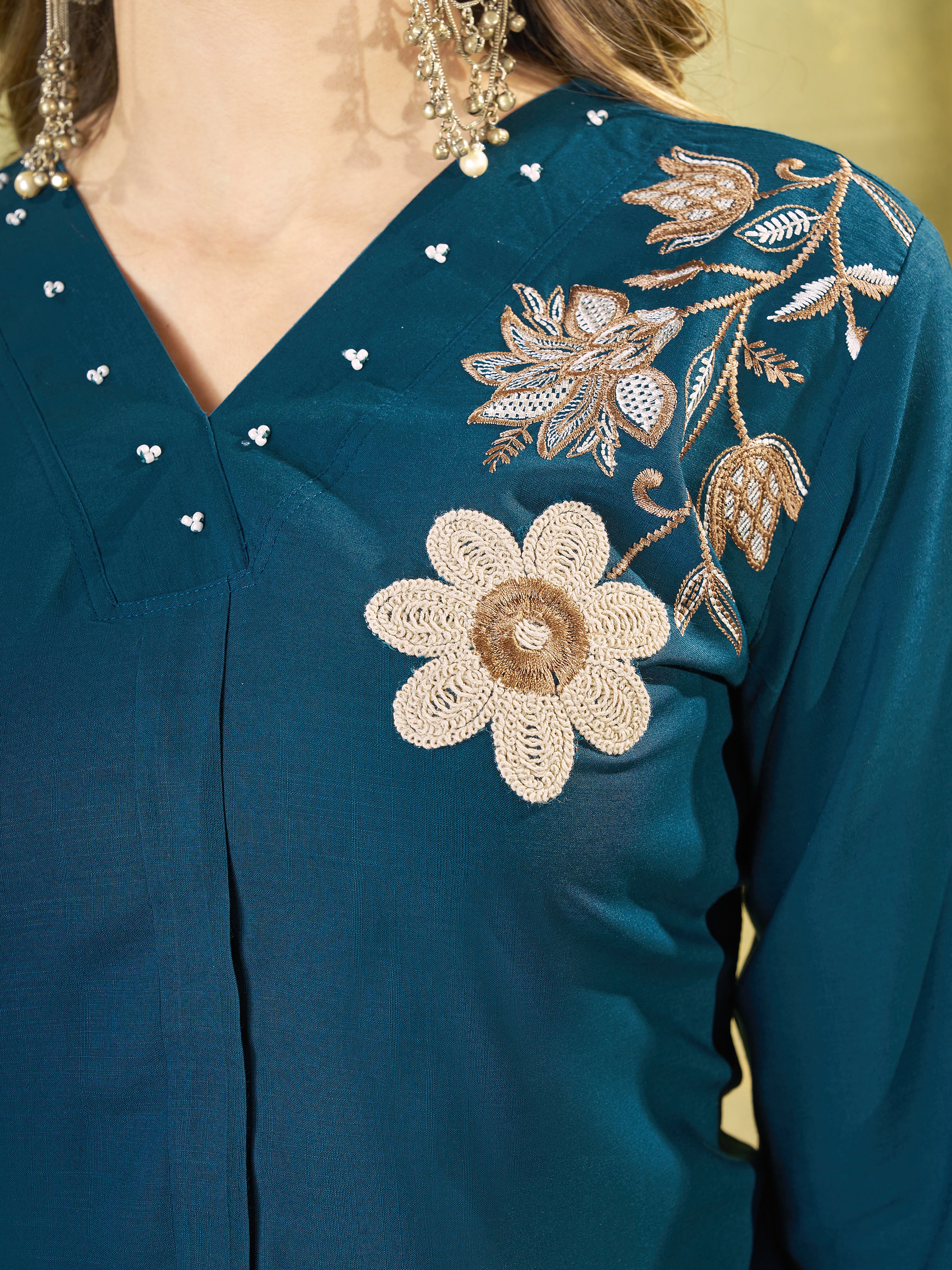 Dark Teal Floral Embroidered Rayon Co-Ord Set for Women