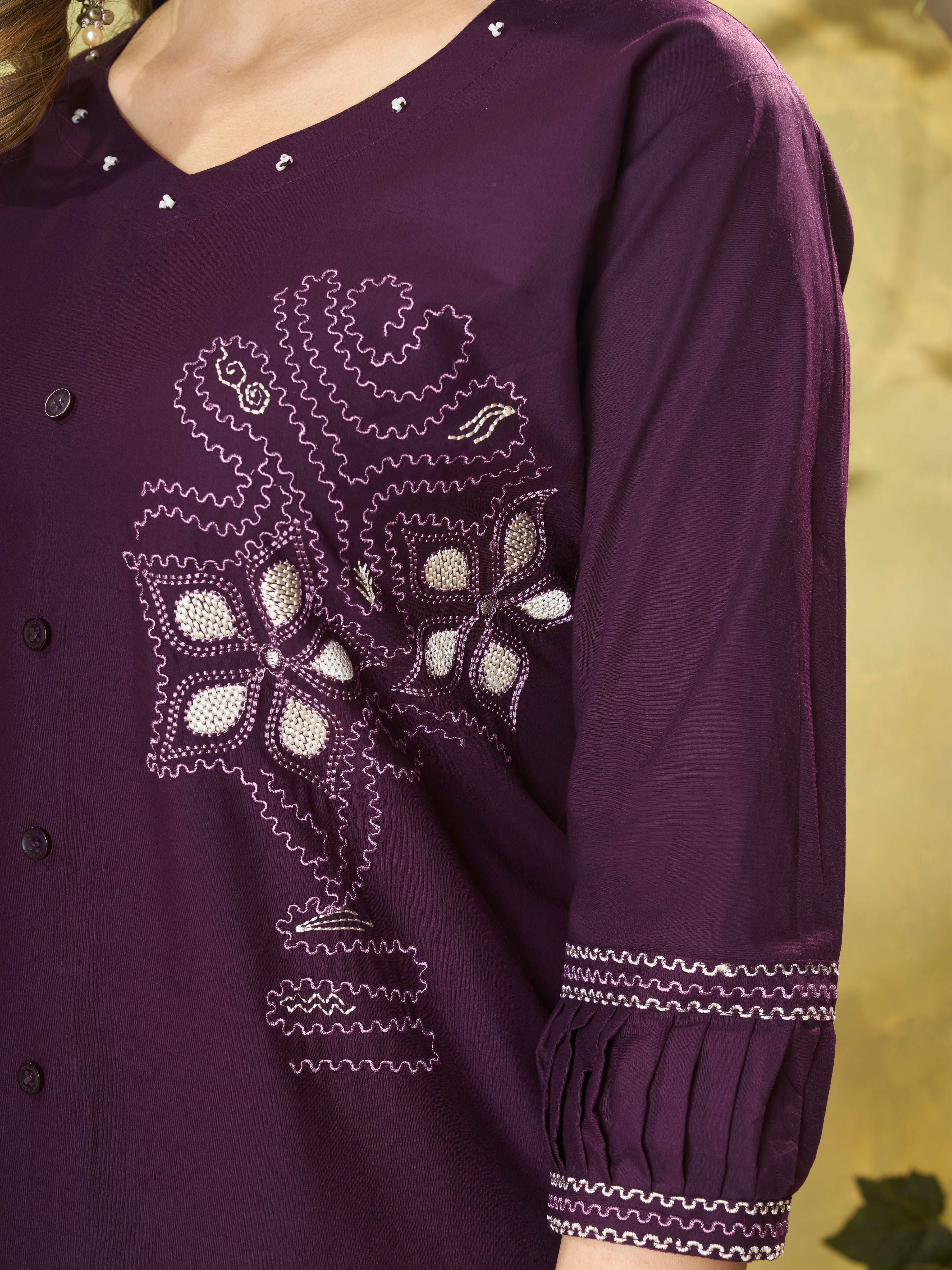Plum Purple Pure Cotton Embroidered Co-Ord Set