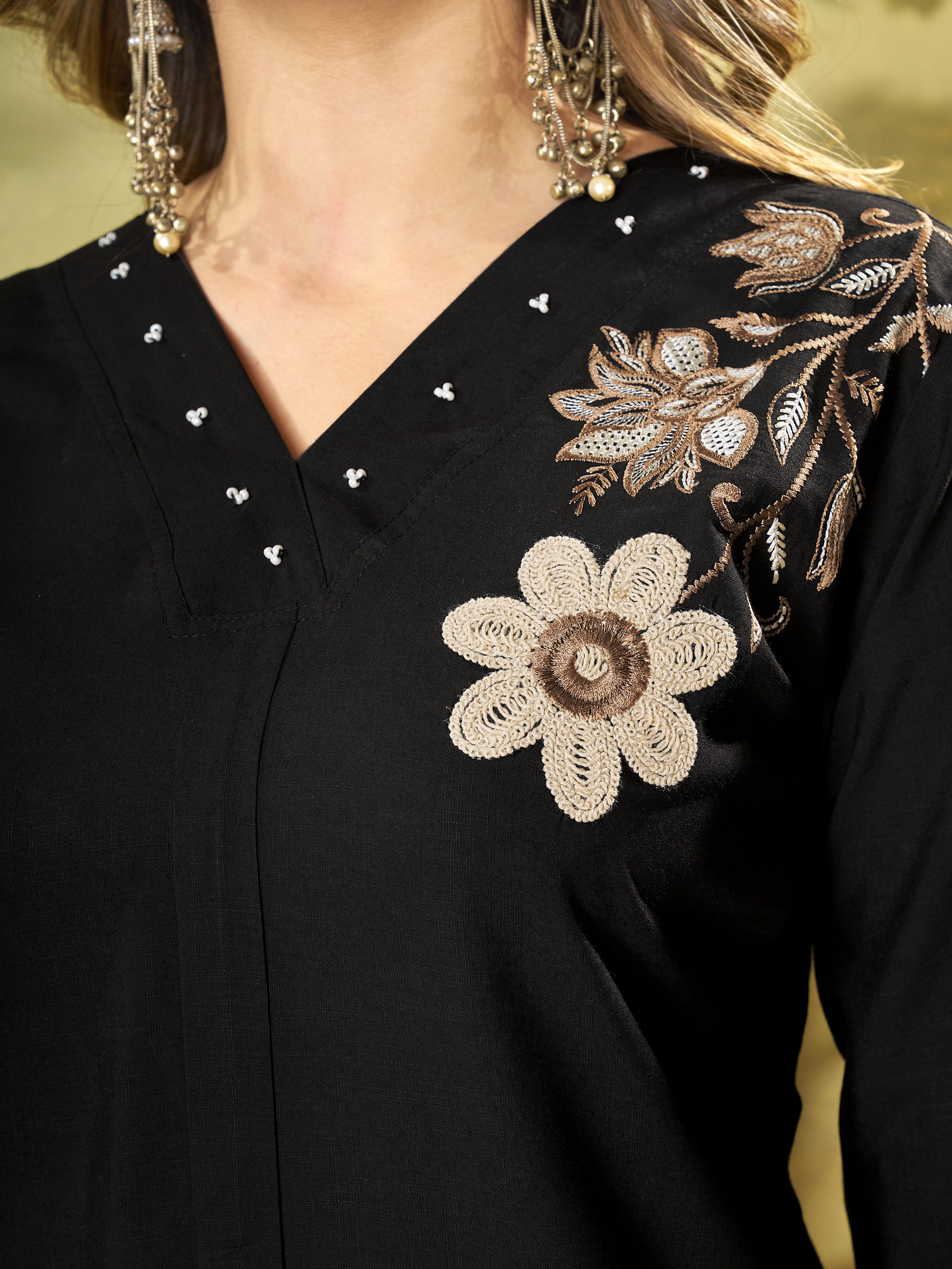 Black Floral Embroidered Heavy Rayon Co-Ord Set for Women