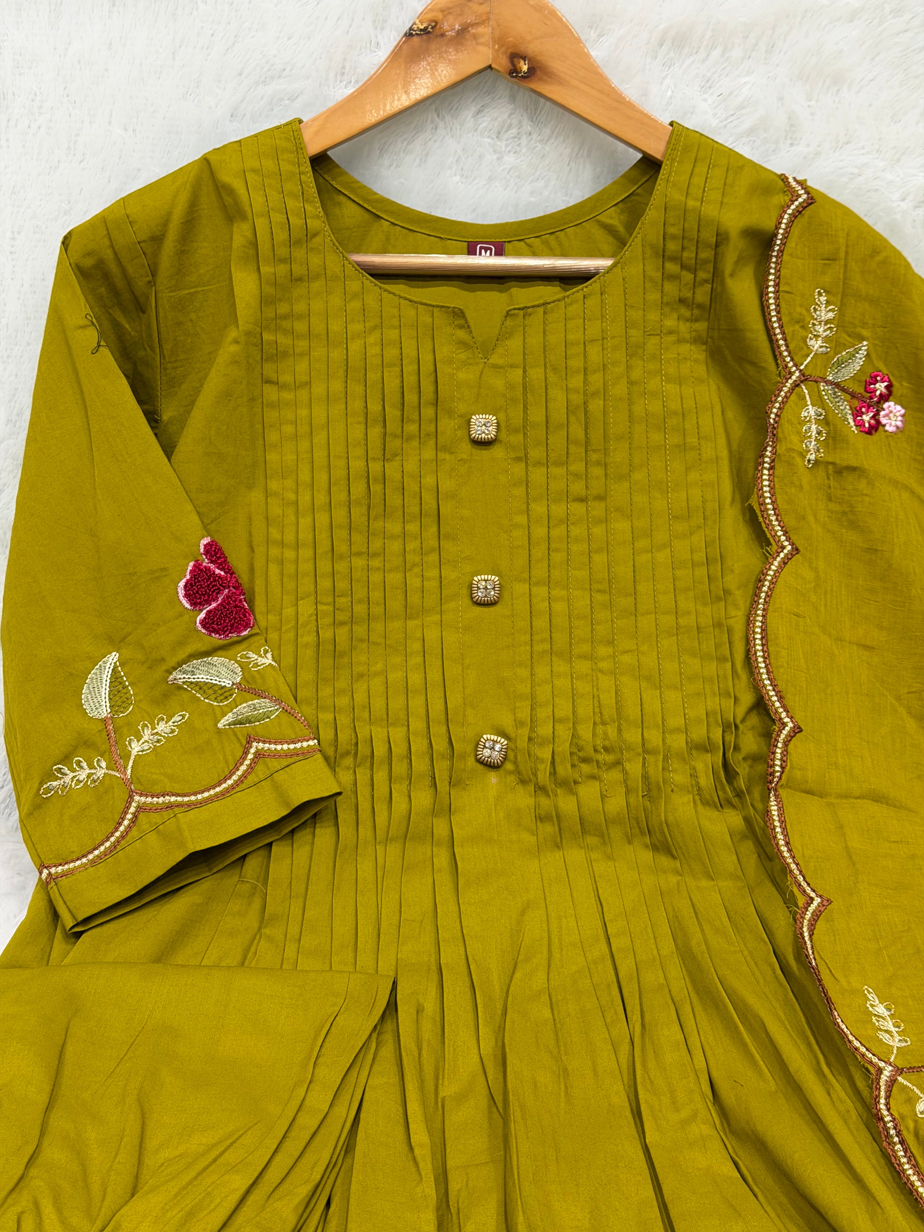 Mehendi Green Pure Cotton Embroidered Anarkali Kurti Set with Dupatta & Palazzo Pant