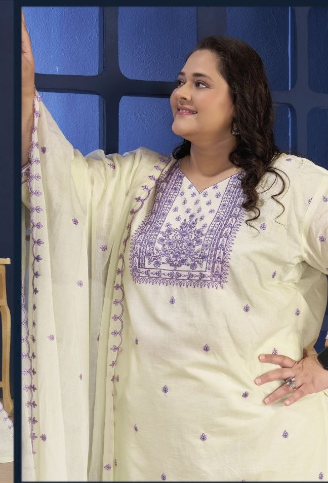 Plus Size Pure Cotton Embroidered Kurta Pant Dupatta Set for Women | Nardev Fashion