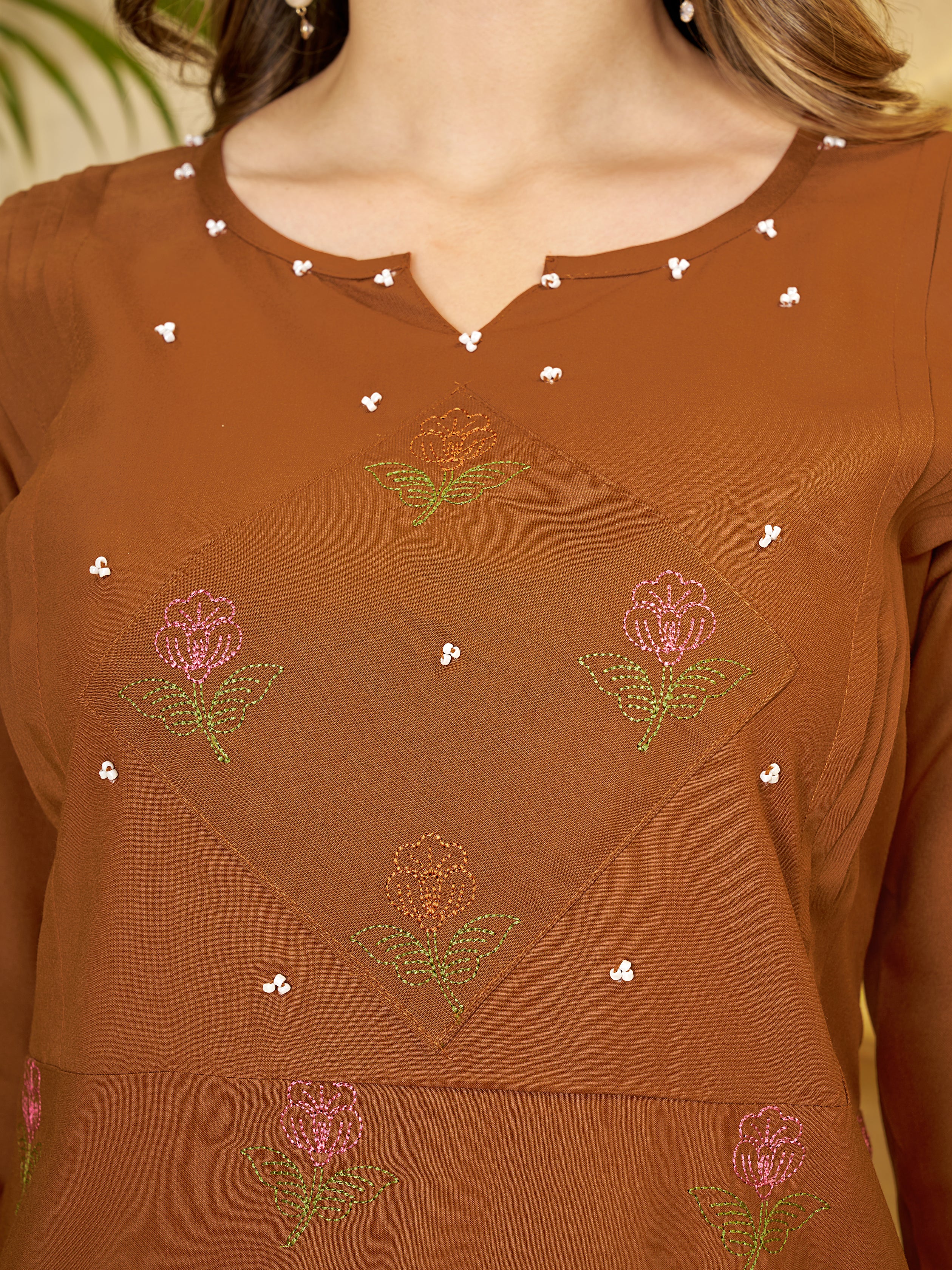 Rust Brown Heavy Rayon Floral Embroidered Co-Ord Set