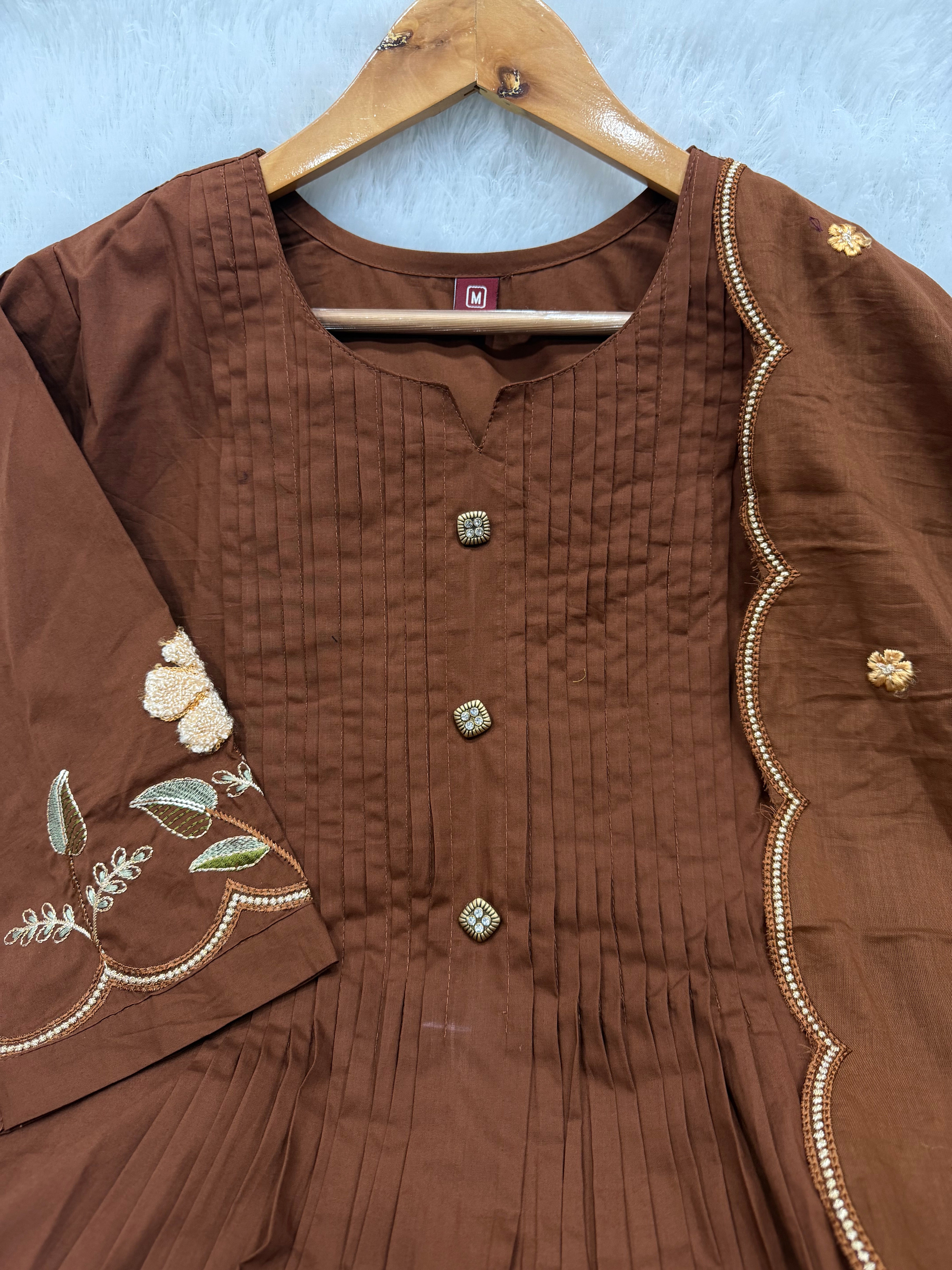 Brown Pure Cotton Embroidered Anarkali Kurti Set with Dupatta & Culottes