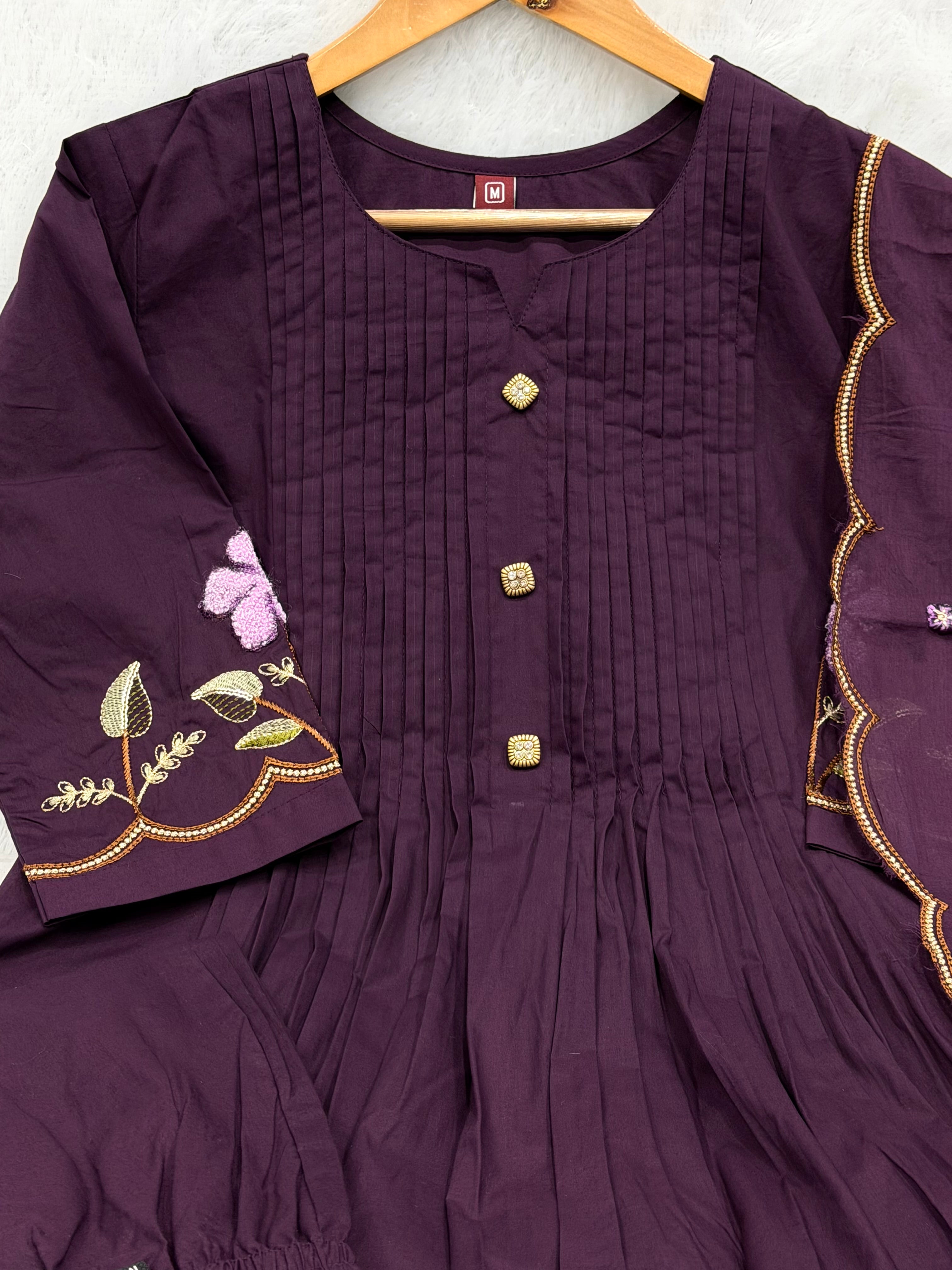 Purple Embroidered Pure Cotton Anarkali Kurti Pant & Dupatta Set