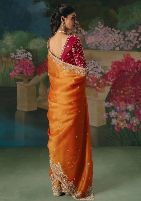Sachika Tissue Silk Hand Embroidered Saree In Orange - Kimora Iconic - Wedding Saree