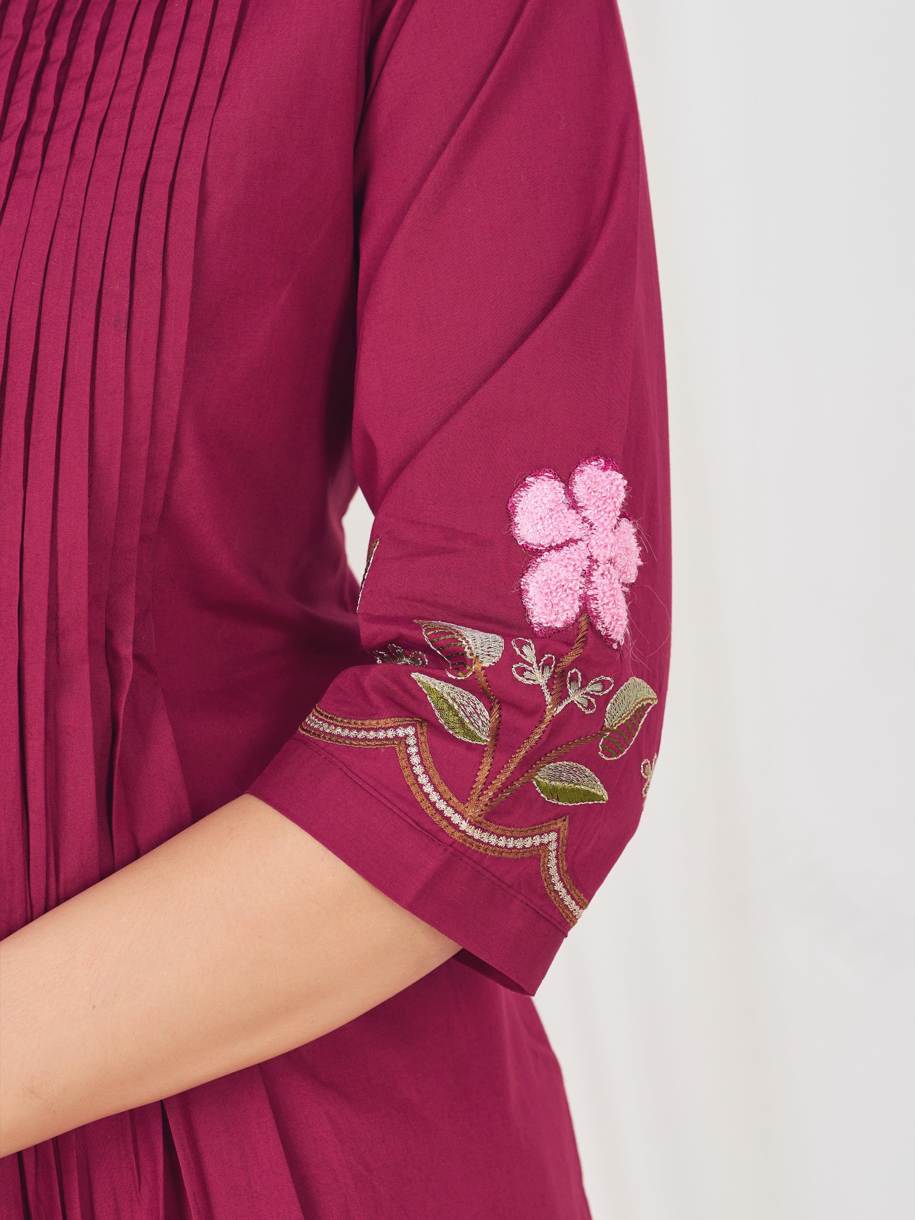 Pink Pure Cotton Floral Embroidered Anarkali Kurti Set with Dupatta