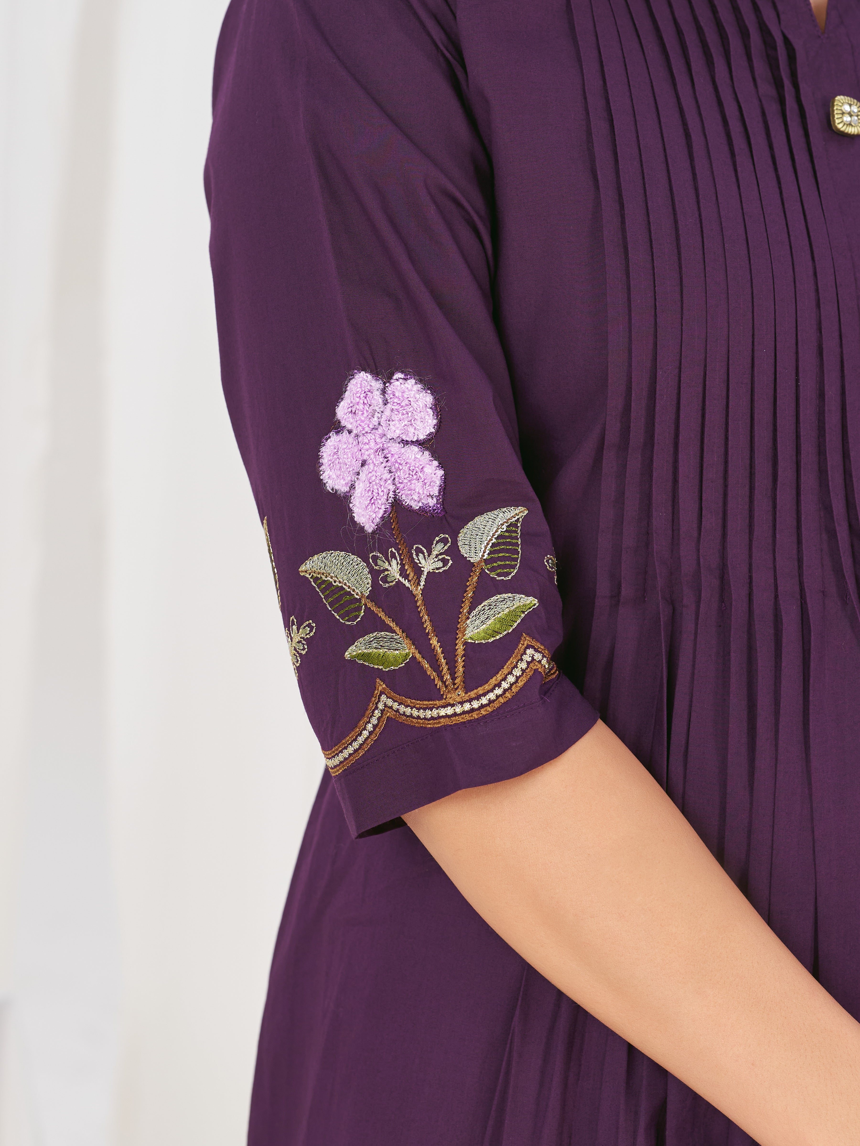 Purple Embroidered Pure Cotton Anarkali Kurti Pant & Dupatta Set