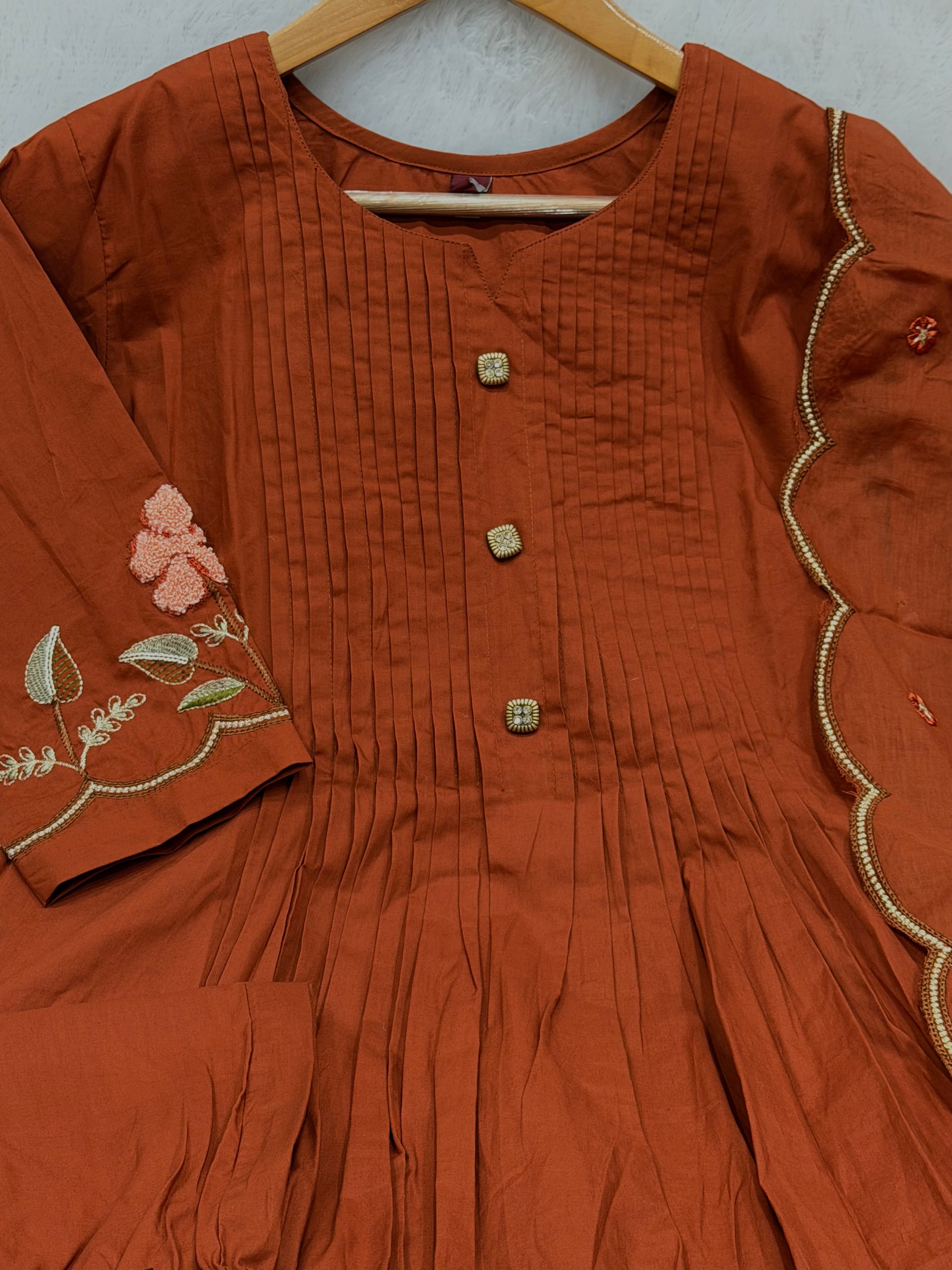 Rust Pure Cotton Embroidered Anarkali Kurti Set with Dupatta