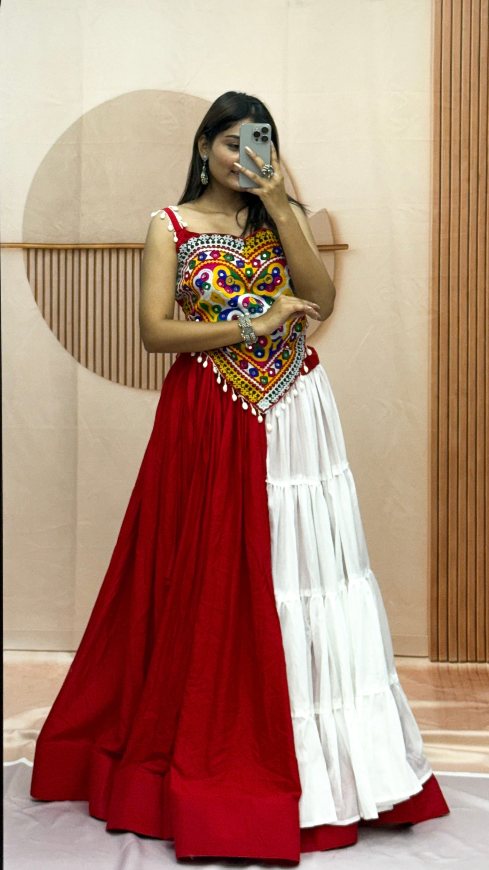 Red & White Gamthi Mirror Work Cotton Lehenga Choli Set for Navratri