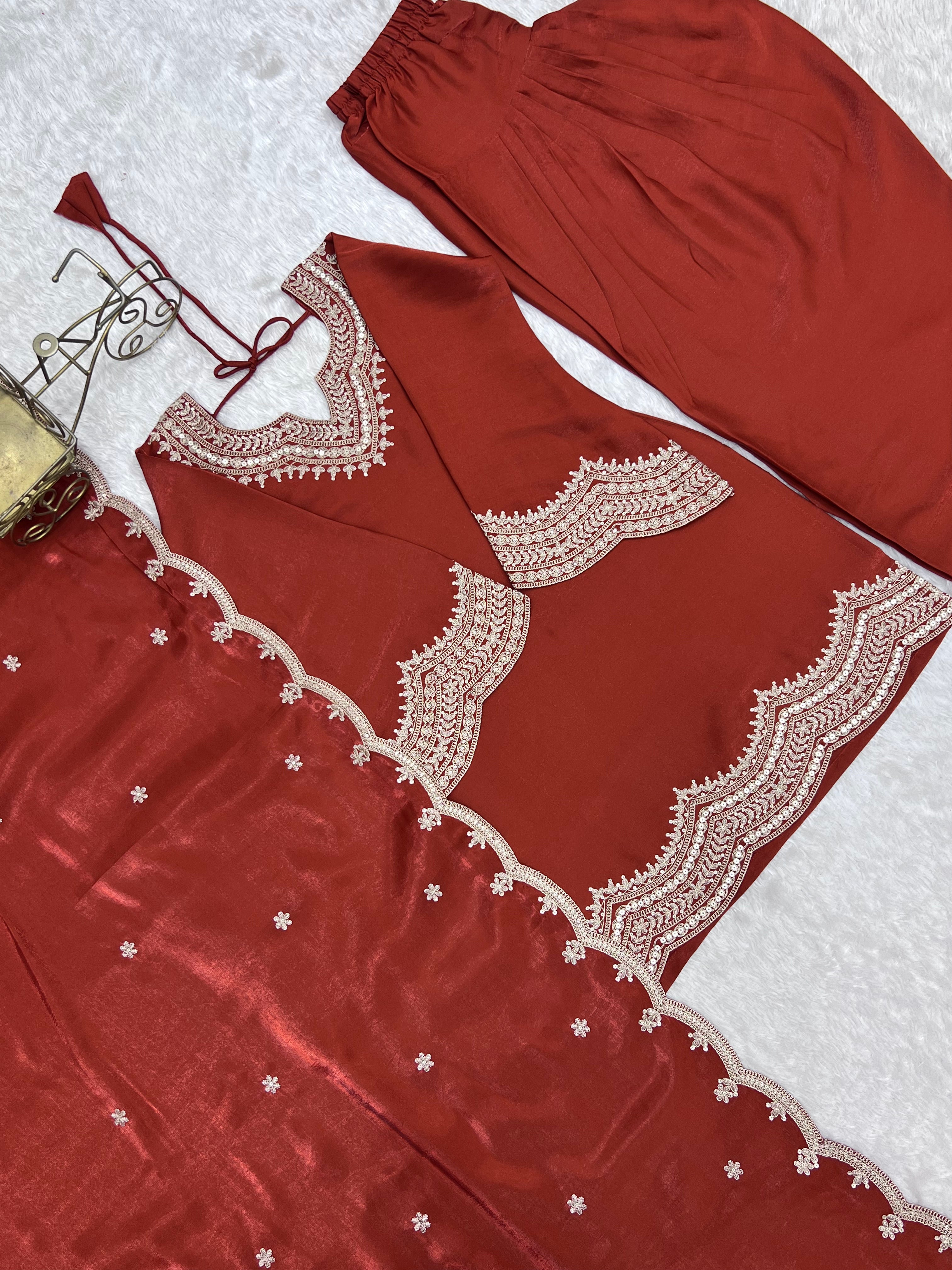 Burnt Orange Glass Roman Silk Embroidered Kurta Set with Farshi Shalwar & Shawl Dupatta | Ready to Wear