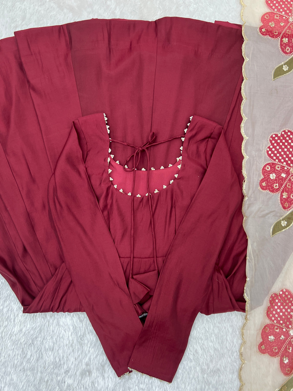 Burgundy Heavy Roman Silk 16 Kali Anarkali Gown with Printed Dupatta