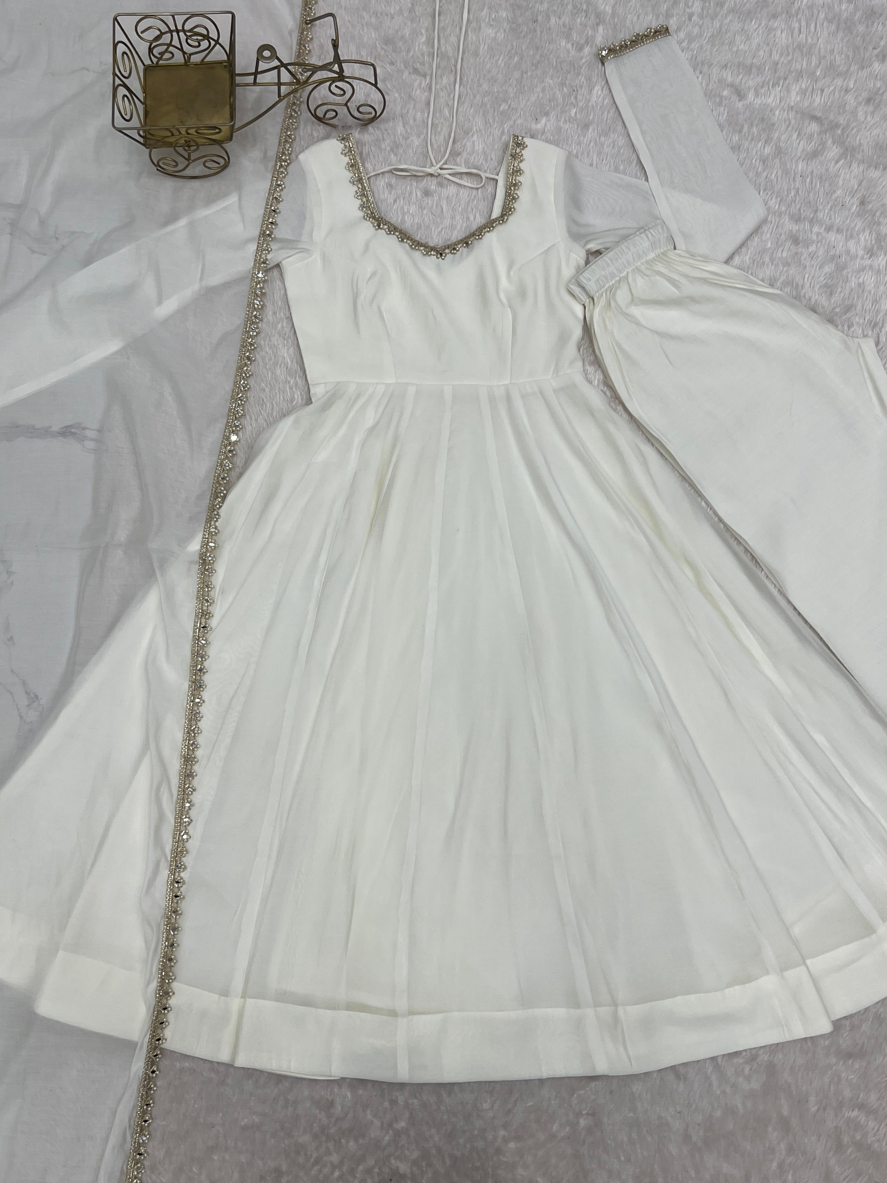 Ivory White Premium Mal Chanderi Anarkali Suit Set with Mirror Work & Dupatta