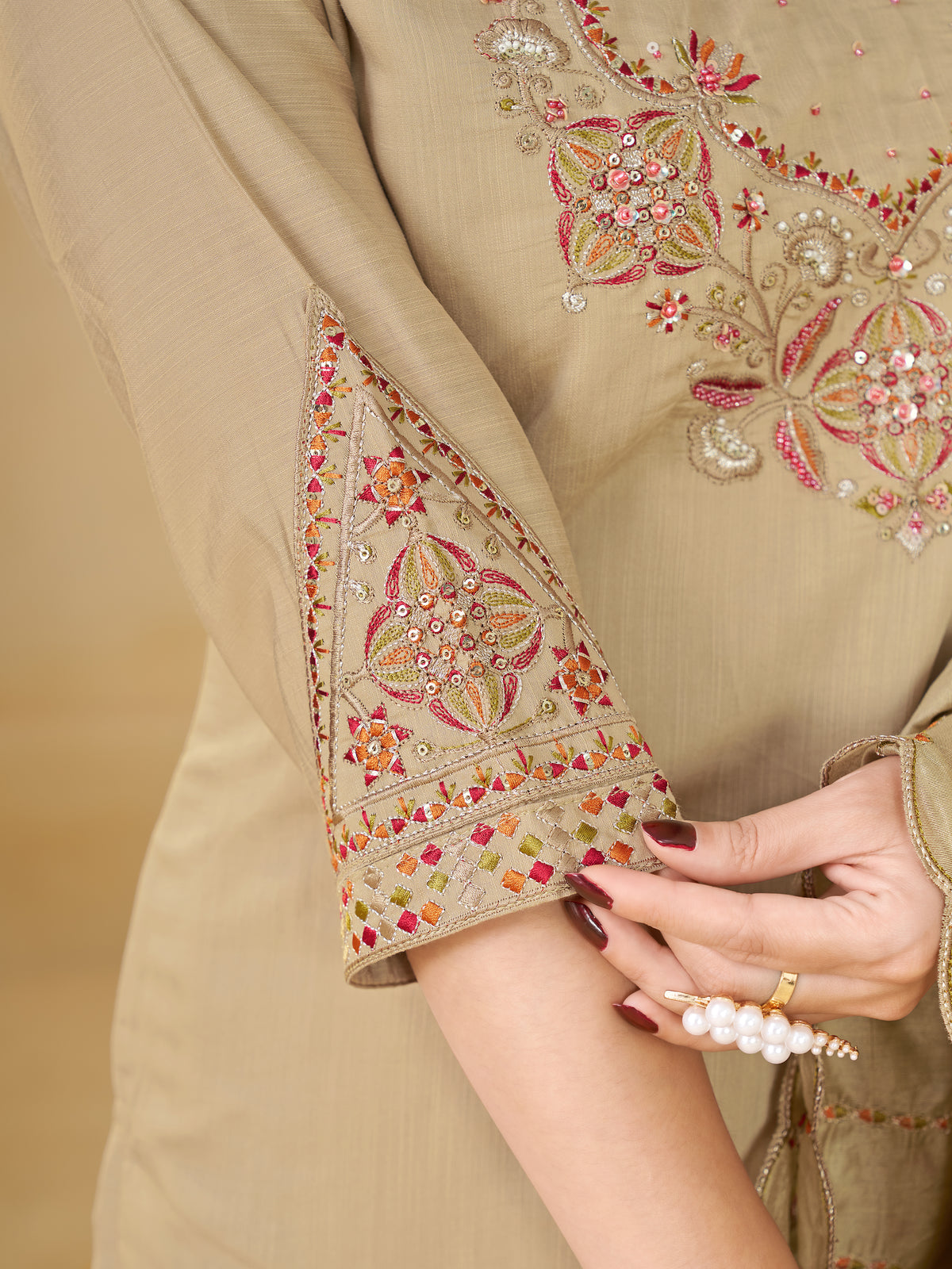 Beige Marina Silk Embroidered Kurti Pant Set with Maslin Dupatta