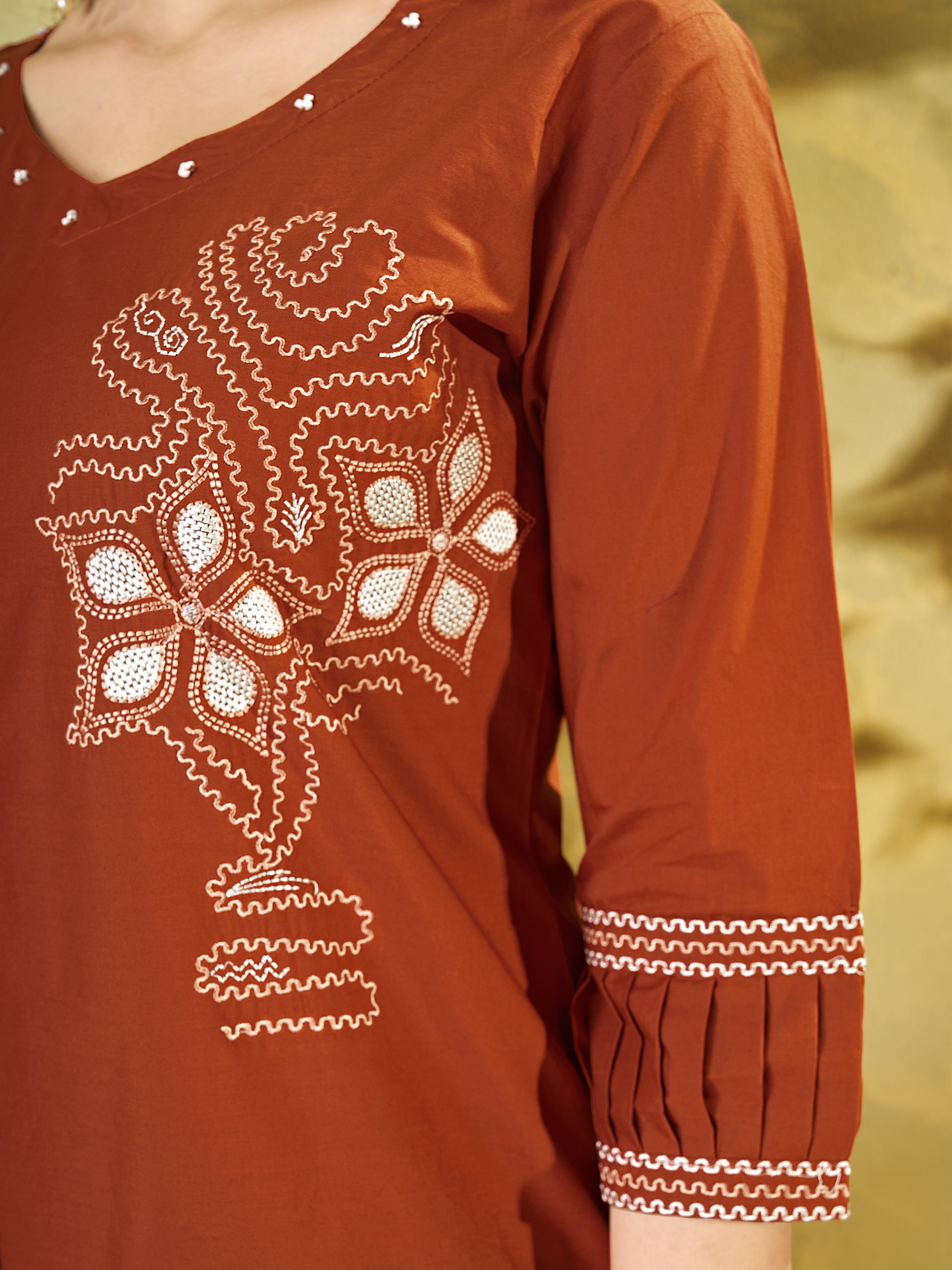 Rust Orange Pure Cotton Embroidered Co-Ord Set with Straight Pant