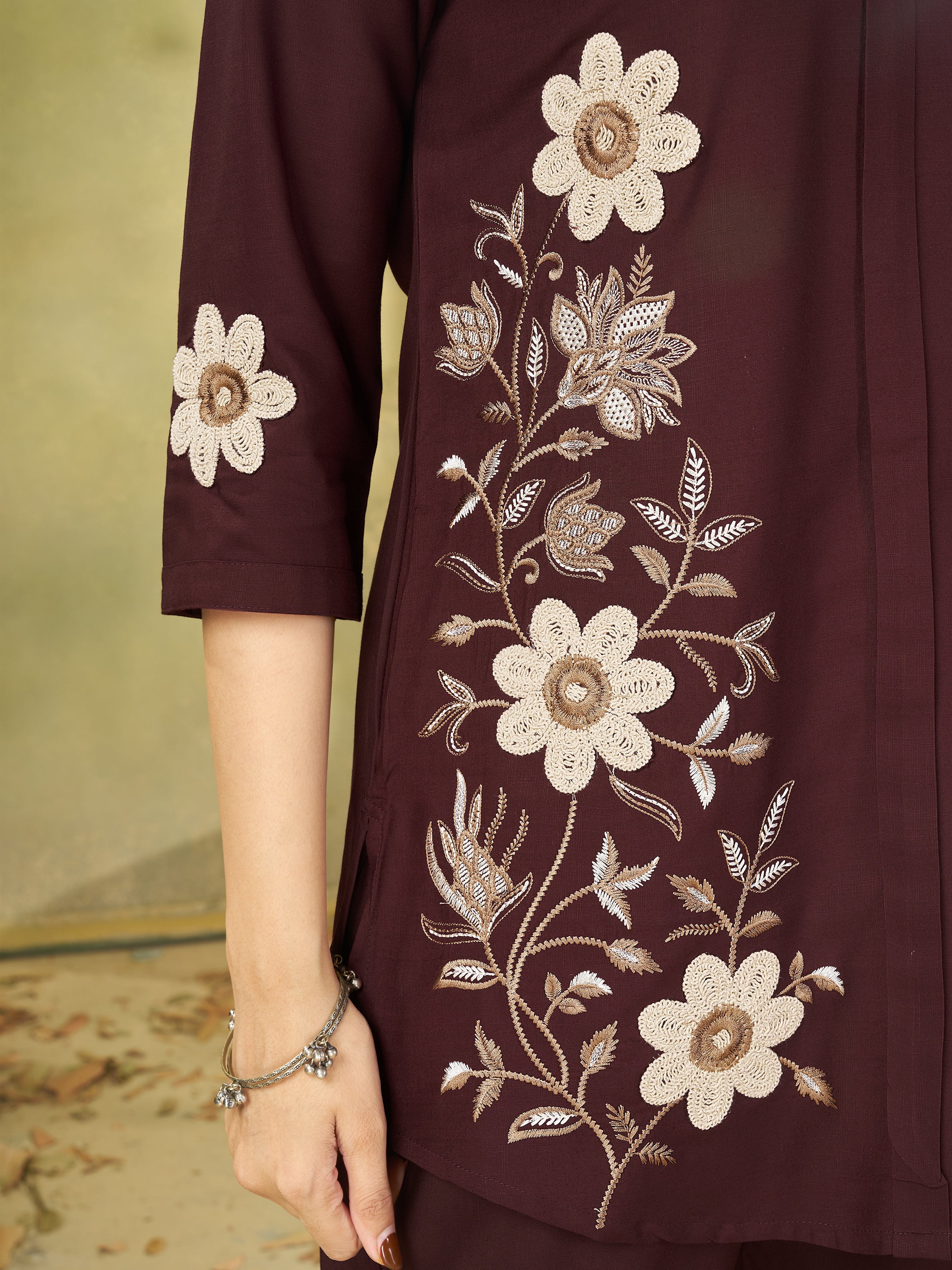 Coffee Brown Heavy Rayon Floral Embroidered Co-Ord Set