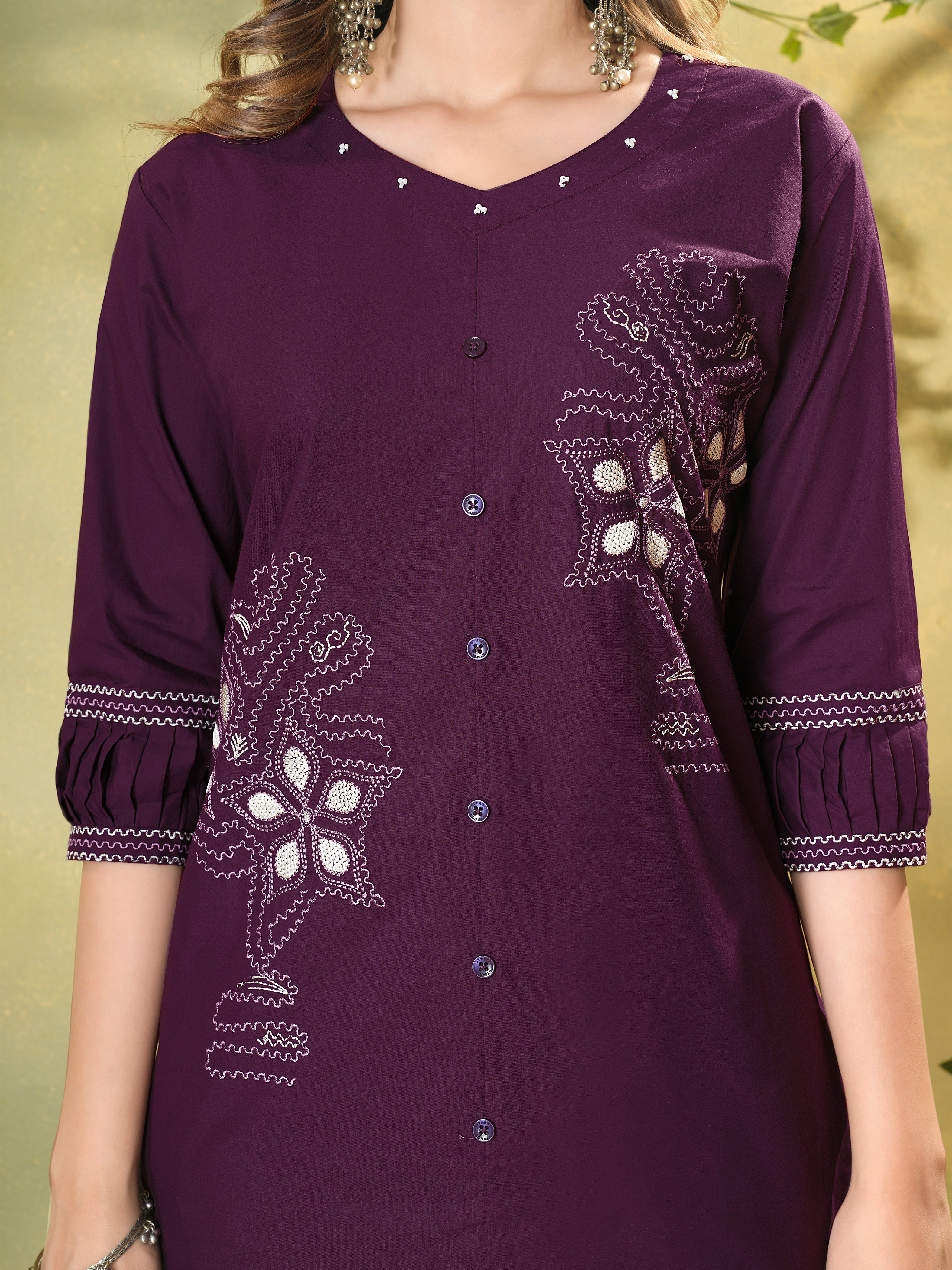 Plum Purple Pure Cotton Embroidered Co-Ord Set