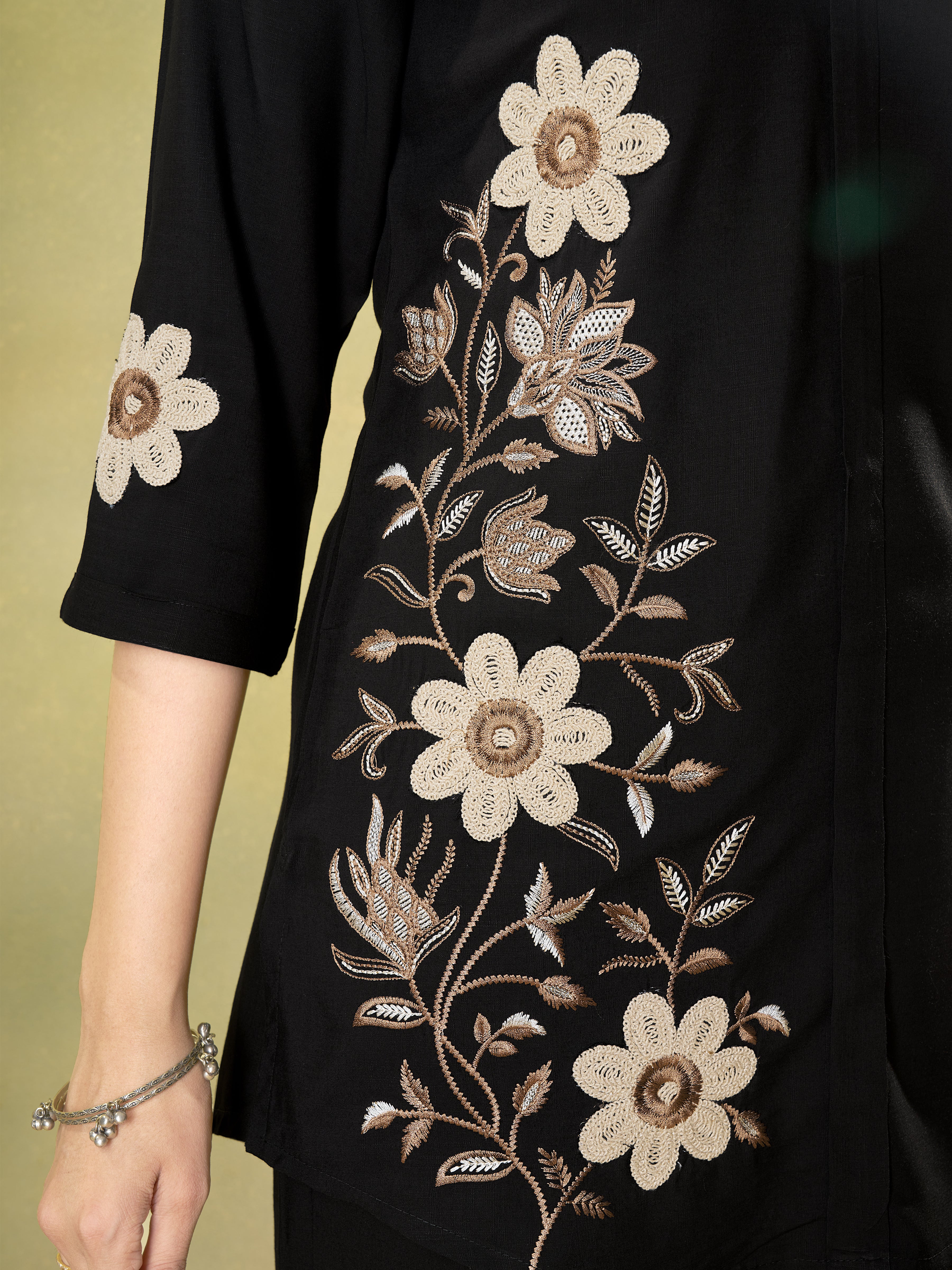 Black Floral Embroidered Heavy Rayon Co-Ord Set for Women