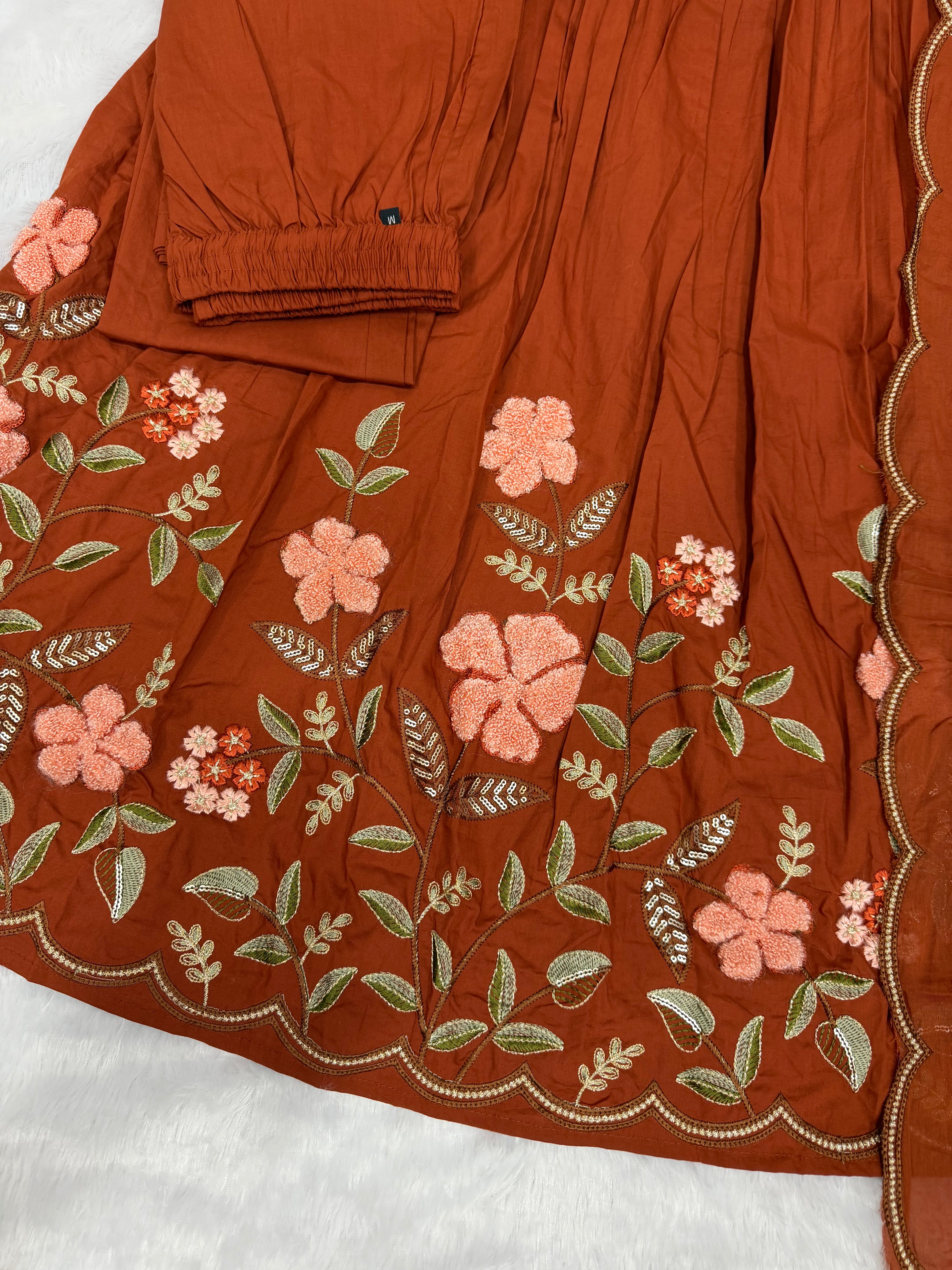 Rust Pure Cotton Embroidered Anarkali Kurti Set with Dupatta