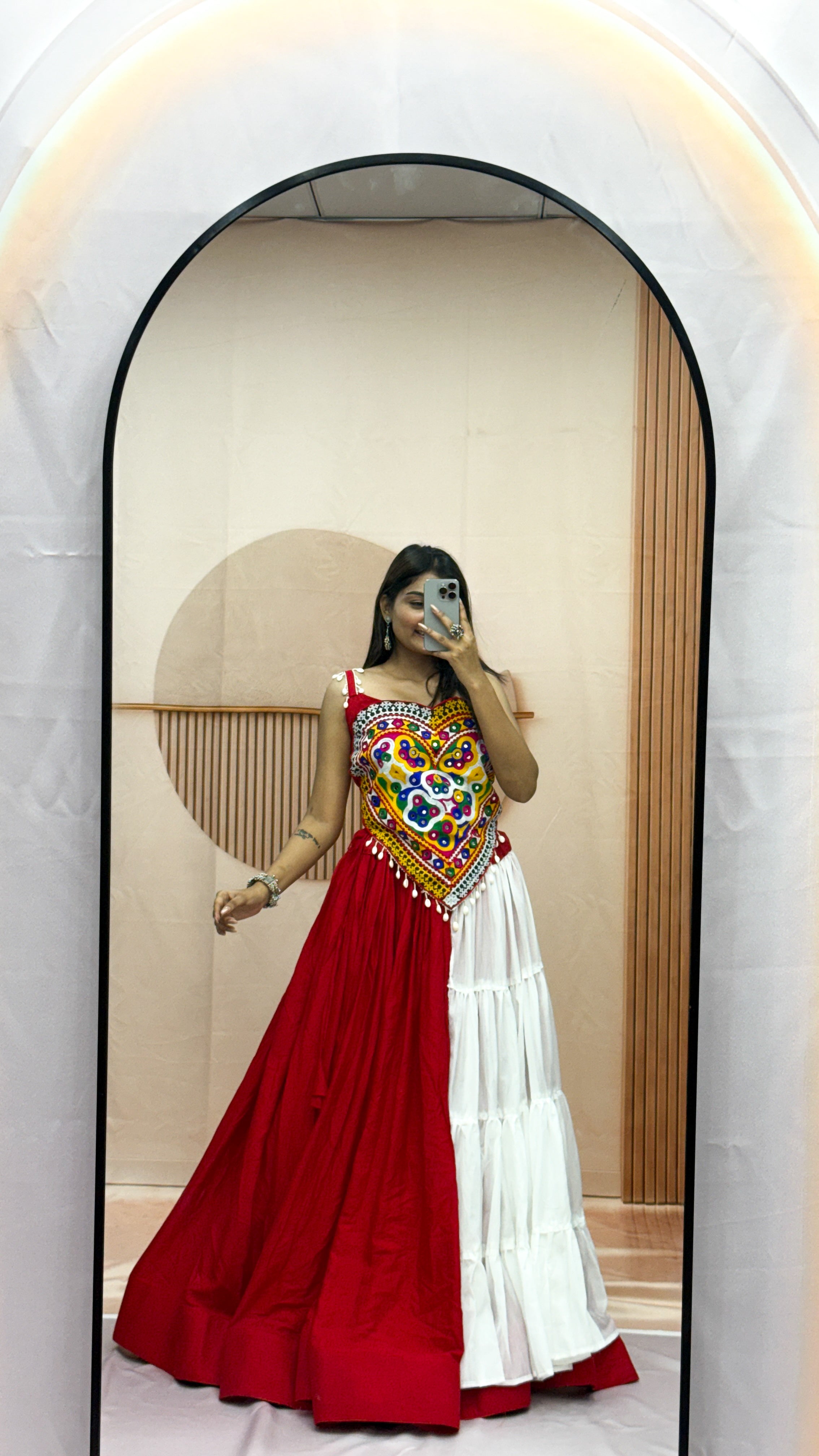 Red & White Gamthi Mirror Work Cotton Lehenga Choli Set for Navratri