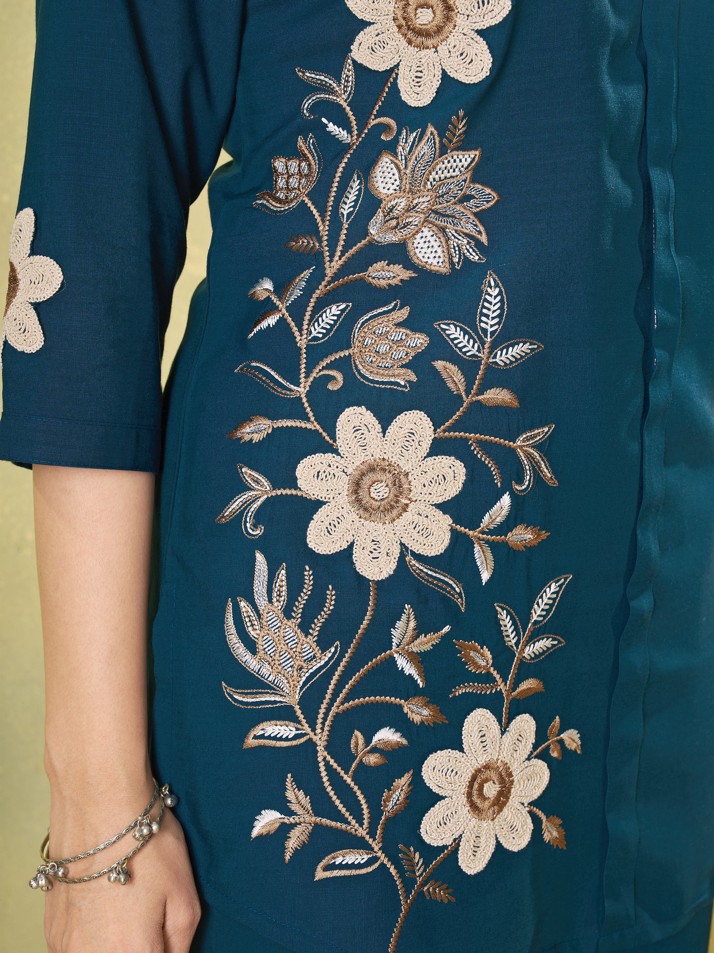 Dark Teal Floral Embroidered Rayon Co-Ord Set for Women