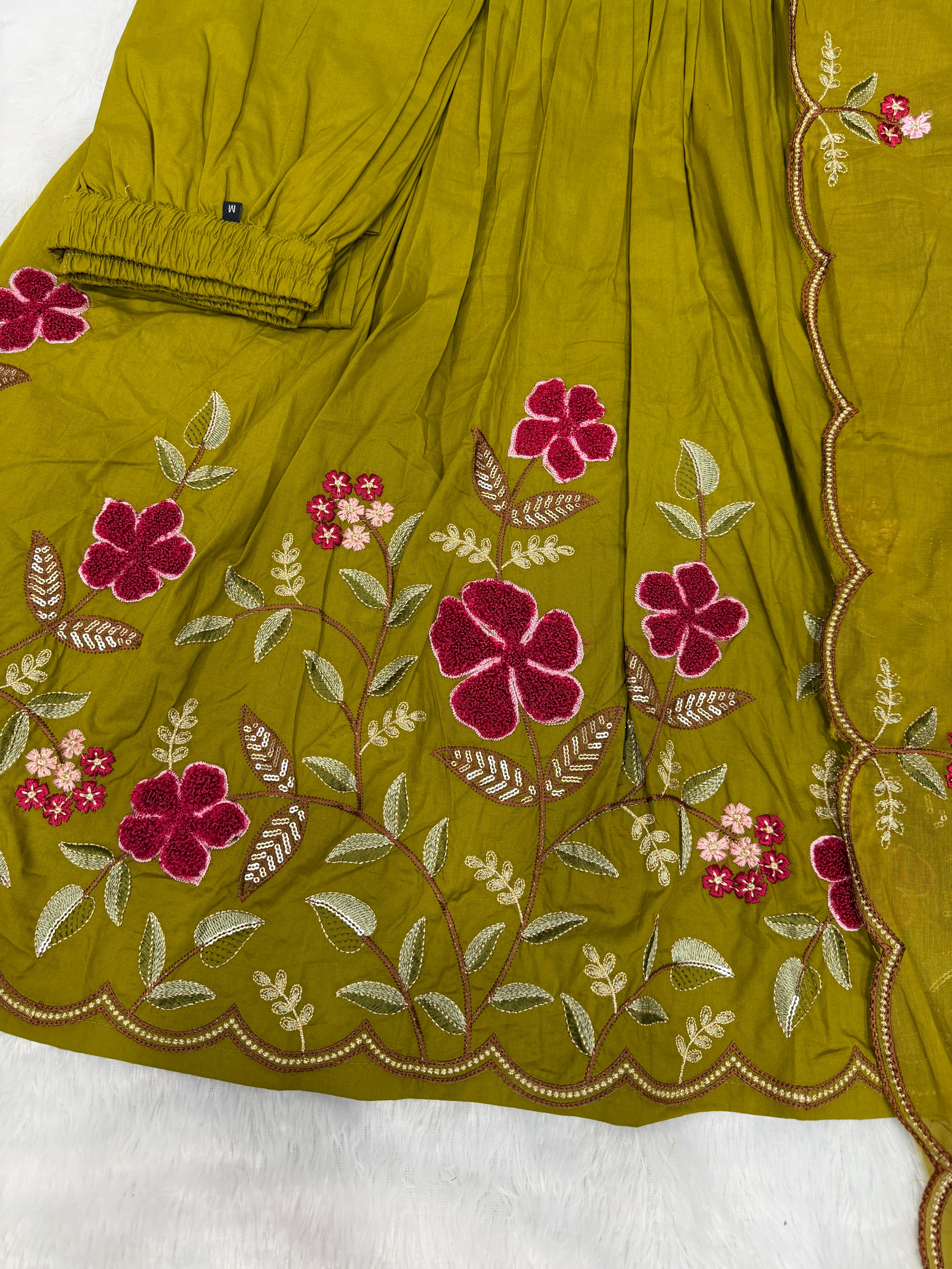 Mehendi Green Pure Cotton Embroidered Anarkali Kurti Set with Dupatta & Palazzo Pant