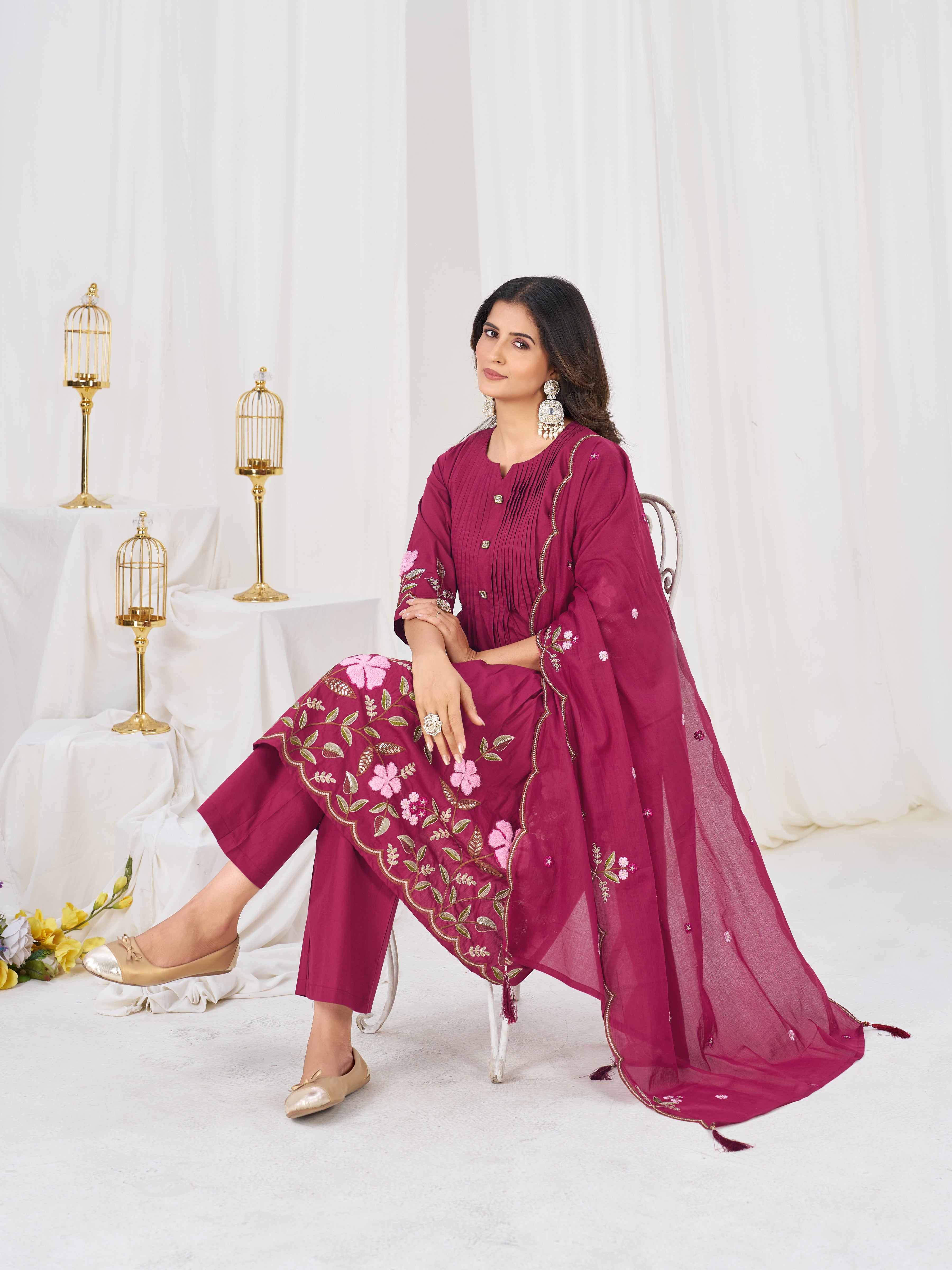 Pink Pure Cotton Floral Embroidered Anarkali Kurti Set with Dupatta
